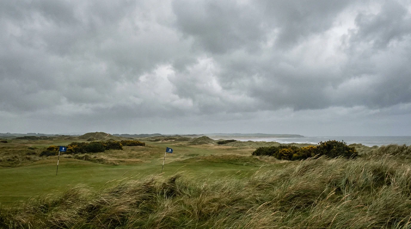 Wind blowing across an open golf course with flags indicating strong gusts during afternoon play
