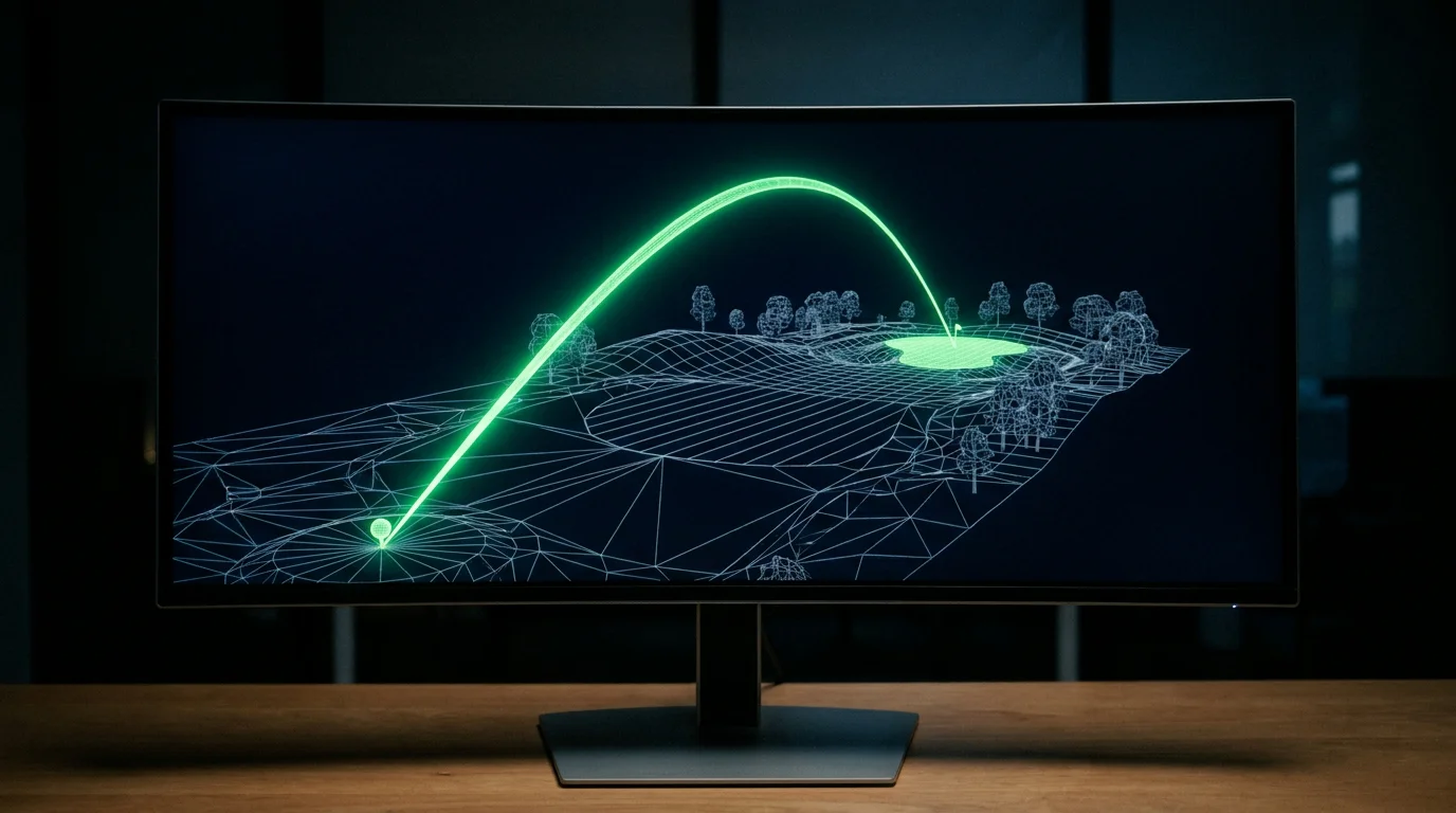 3D shot tracking visualisation showing a golf ball flight path on a screen