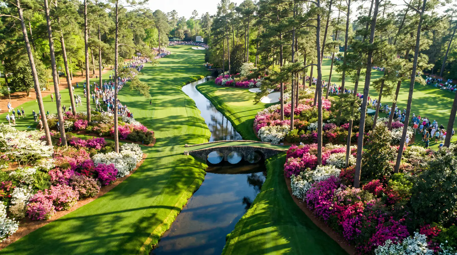 Aerial view of the famous Amen Corner holes at Augusta National during the Masters