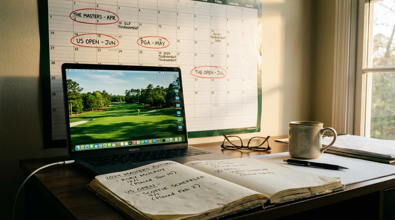 Calendar and notebook showing a patient long-term approach to golf futures betting