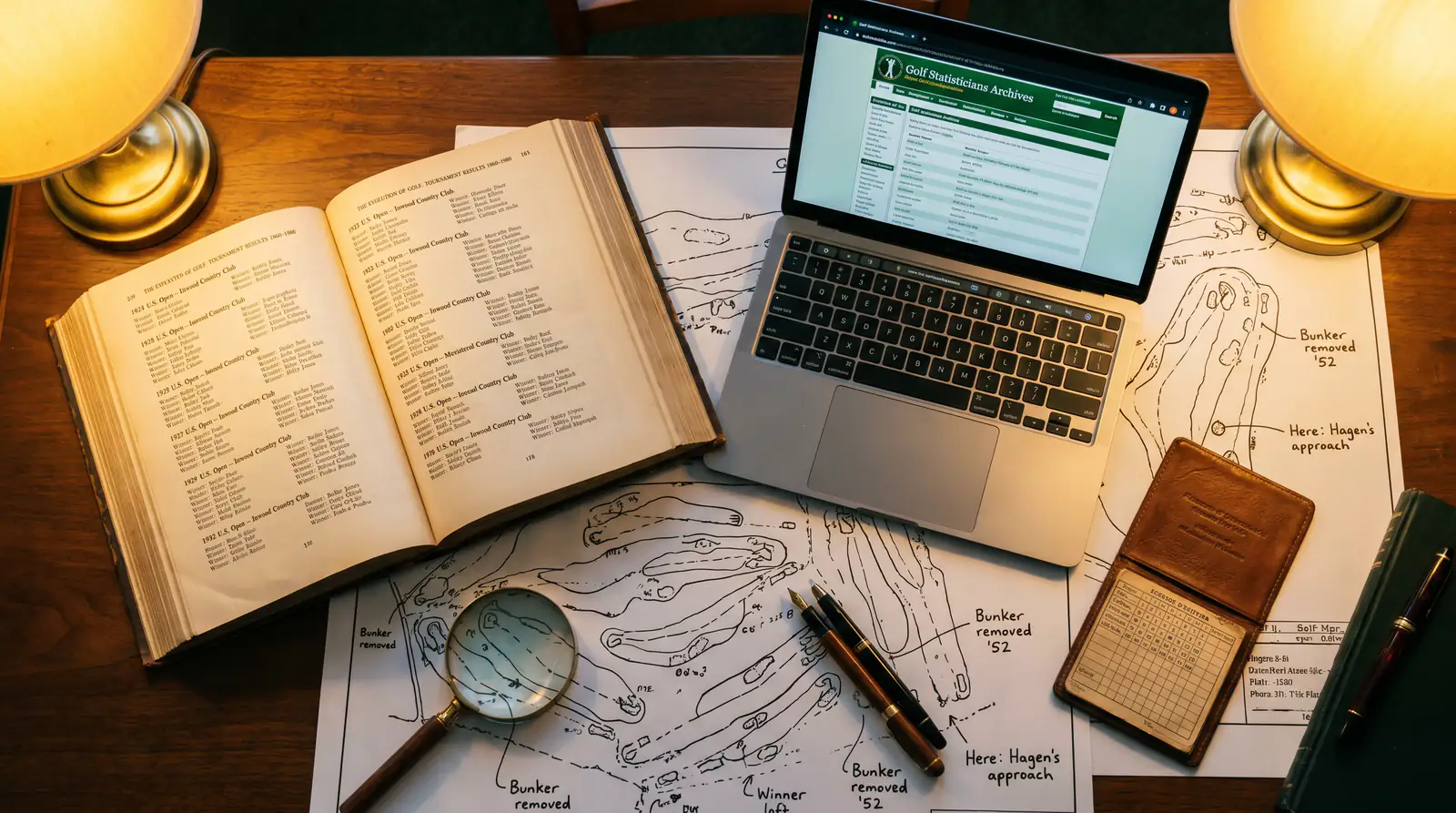 Historical records and statistics for a major championship venue displayed for research