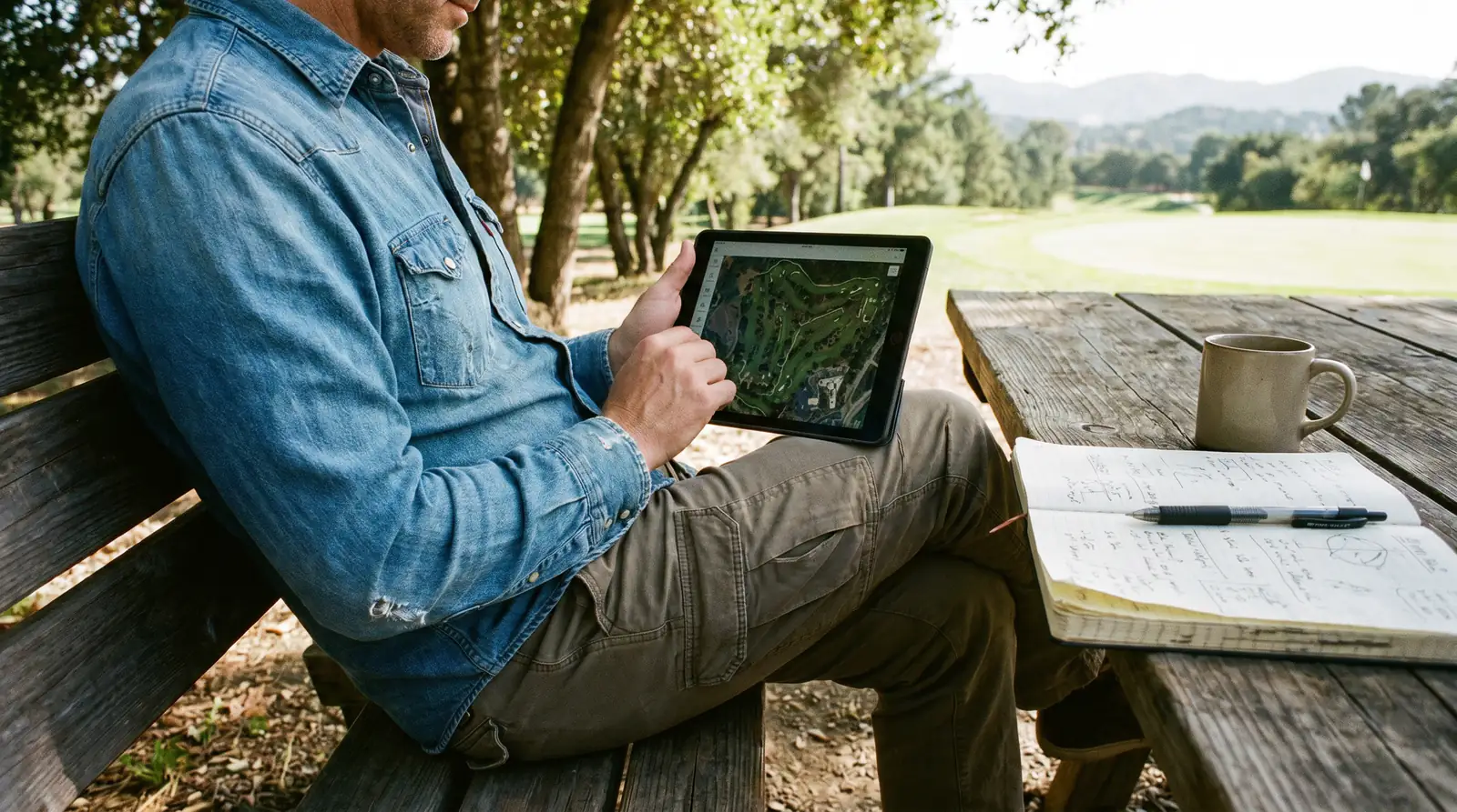 Beginner punter researching a golf course layout on a tablet before placing a bet