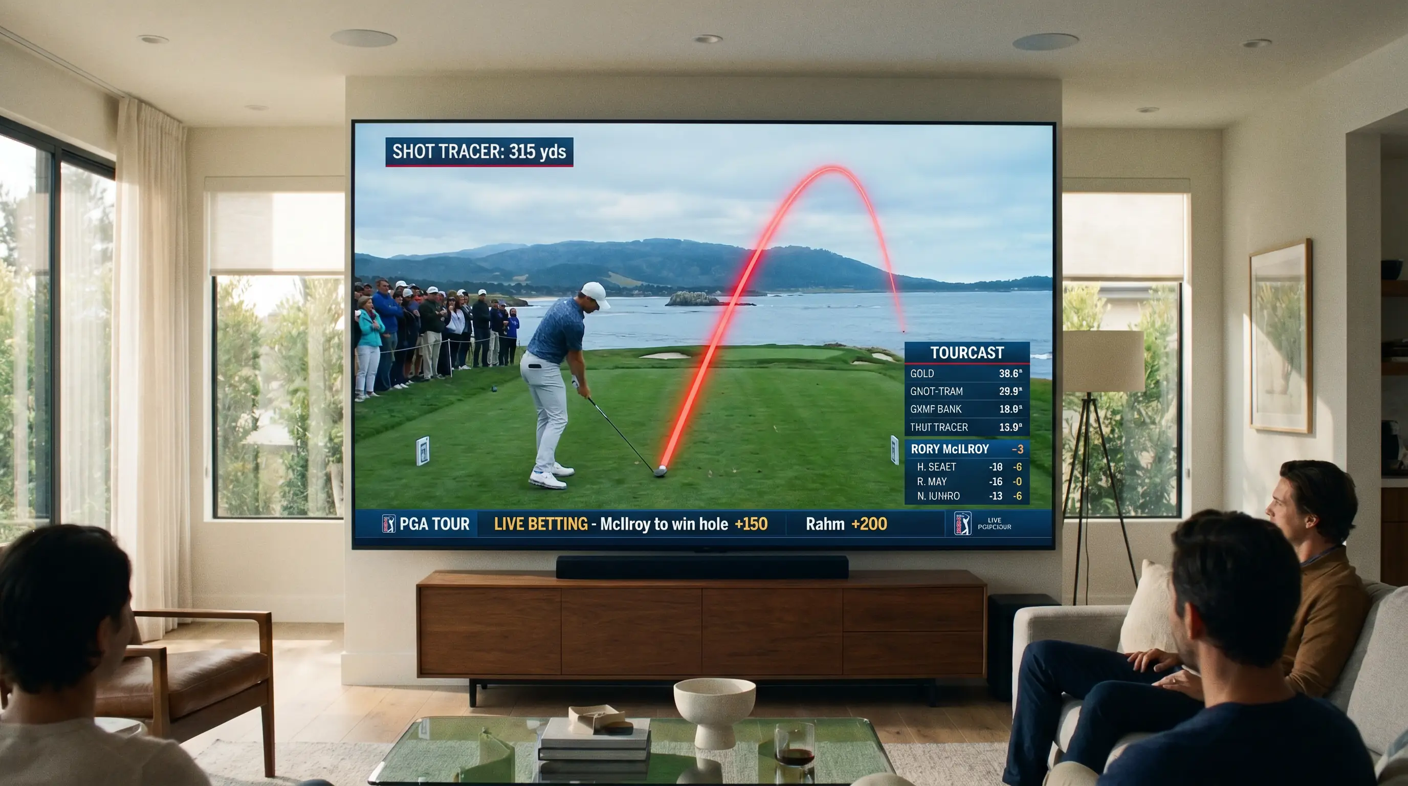 PGA Tour Betcast broadcast screen showing live shot tracking and in-play betting options