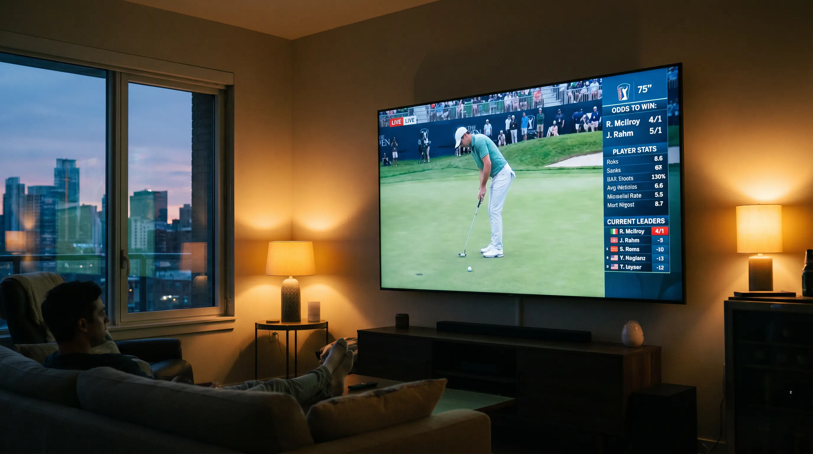 Television screen showing a PGA Tour Betcast with live hole-level betting odds overlaid