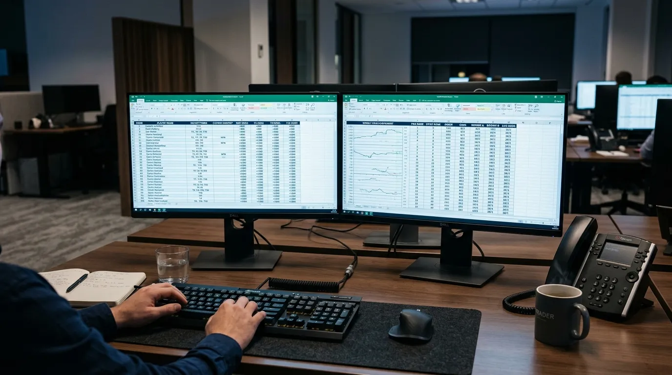 Trader workstation with multiple screens showing golf tournament pricing models and player rankings
