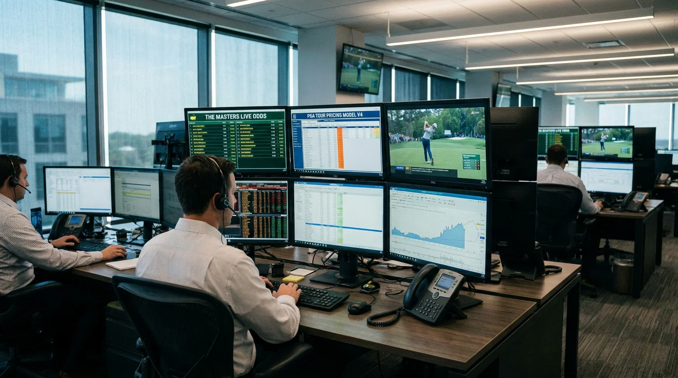 Professional trading desk environment with multiple screens showing golf odds compilation models