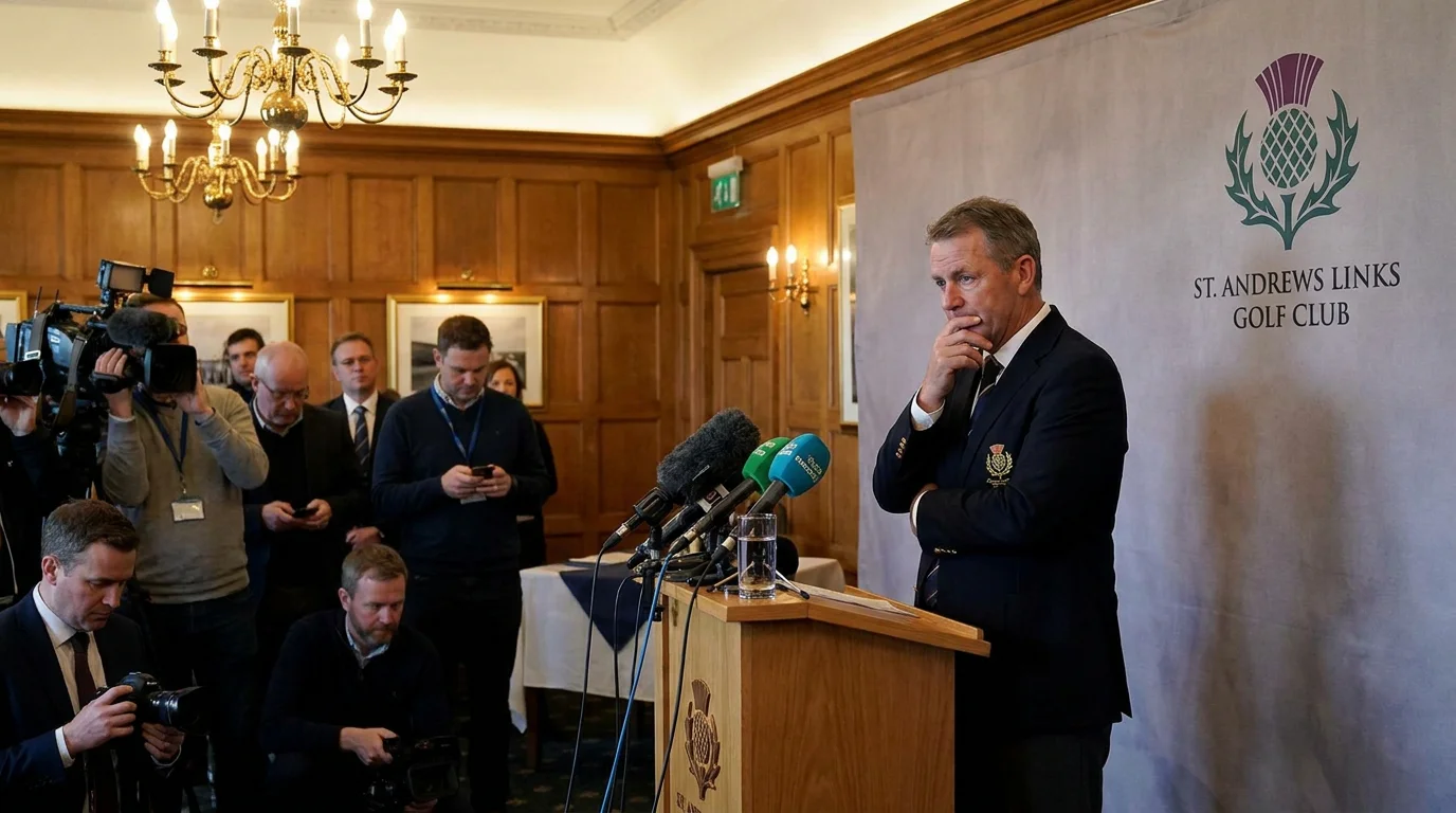 Golf team captain at a press conference podium announcing captain's picks with team logo backdrop