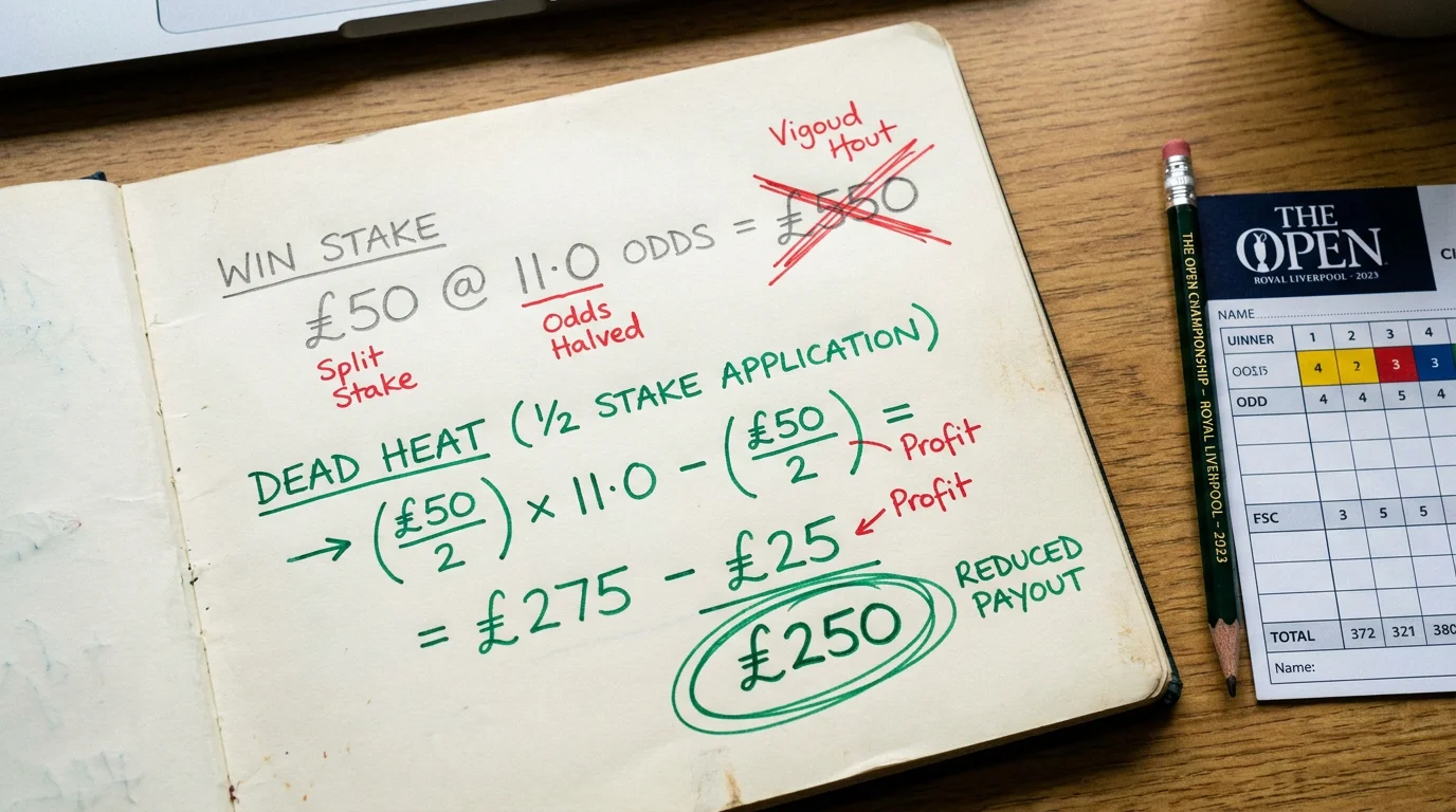 Annotated example showing how a dead heat reduces an each-way golf payout