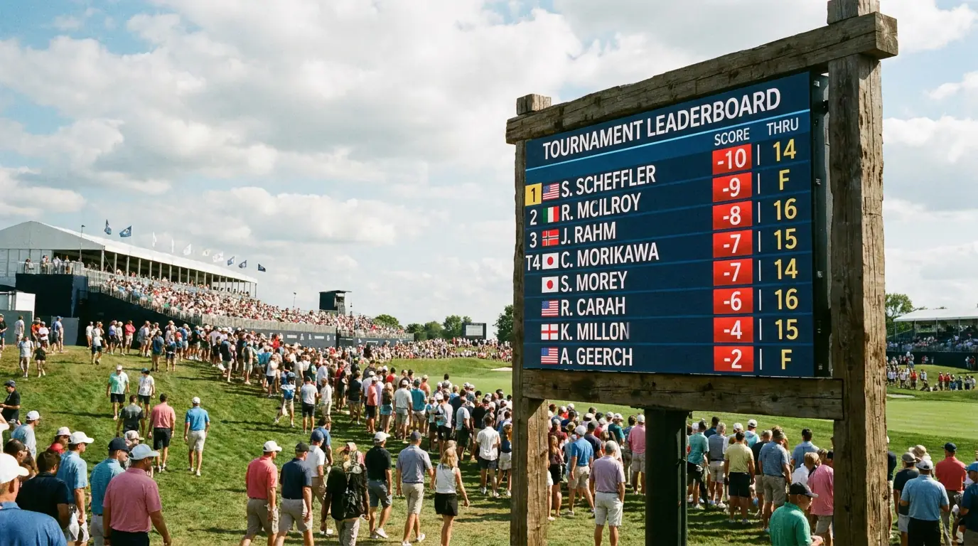 Tournament leaderboard screen at a DP World Tour event displaying player scores and positions