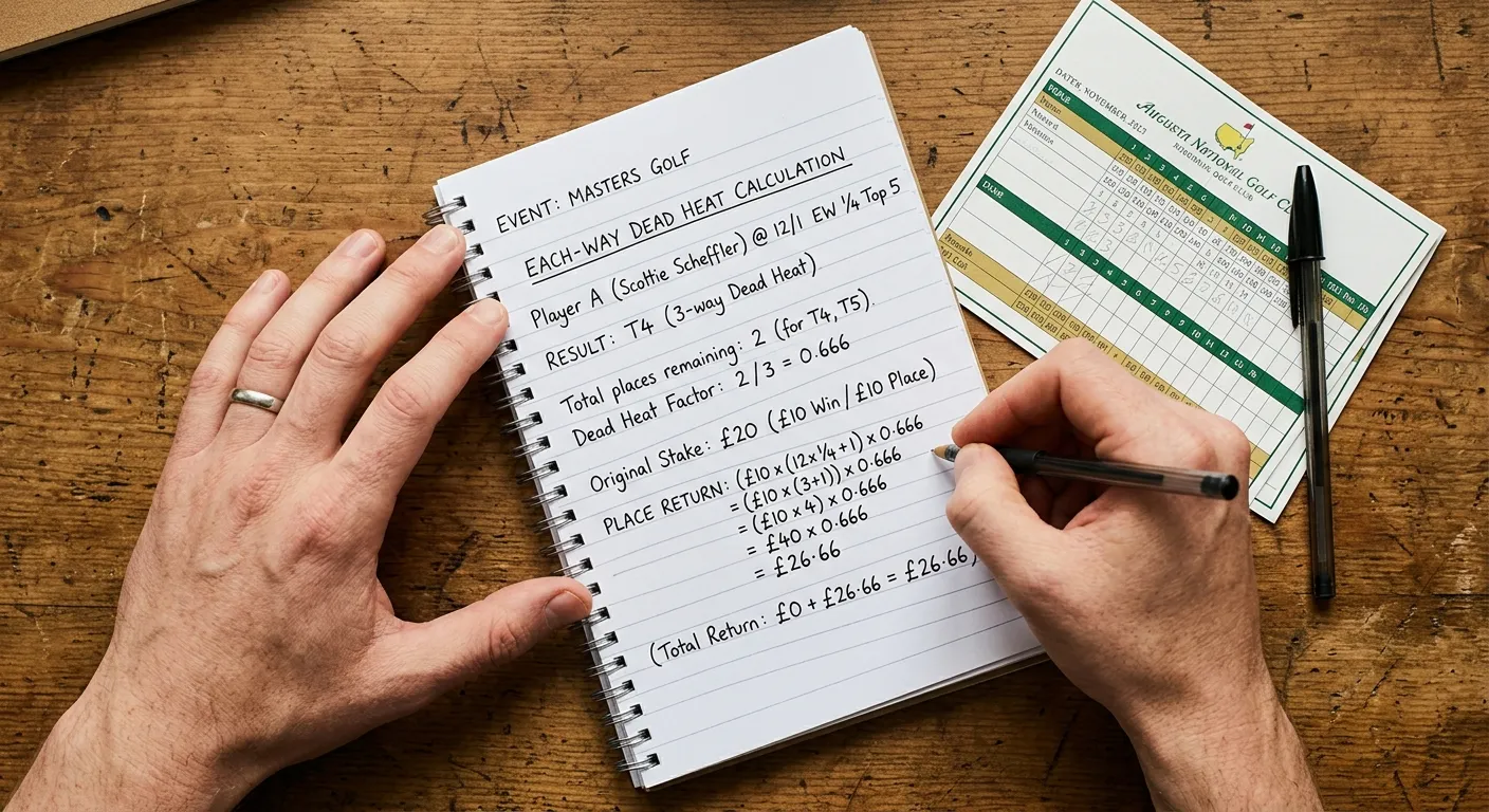 Person working through an each-way dead heat calculation with pen and paper