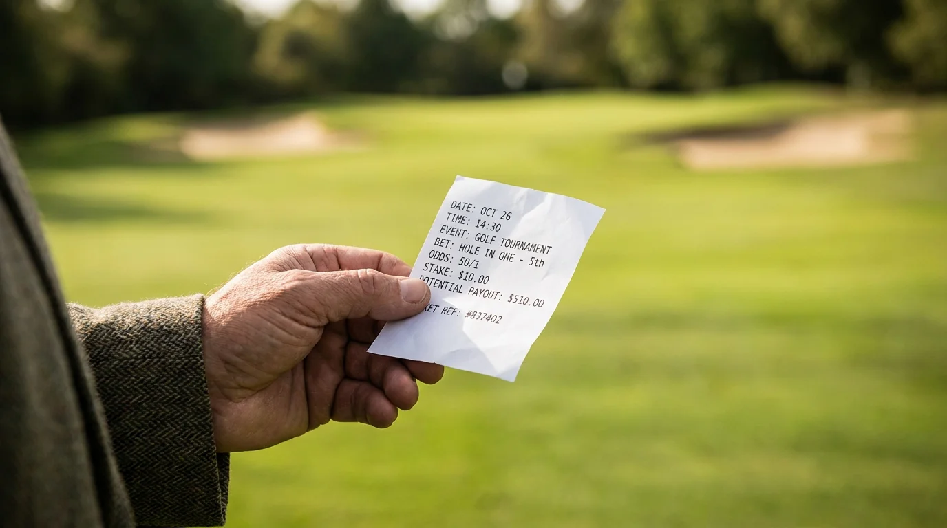 Close-up of a hand holding a printed betting slip at a golf event with the course visible behind