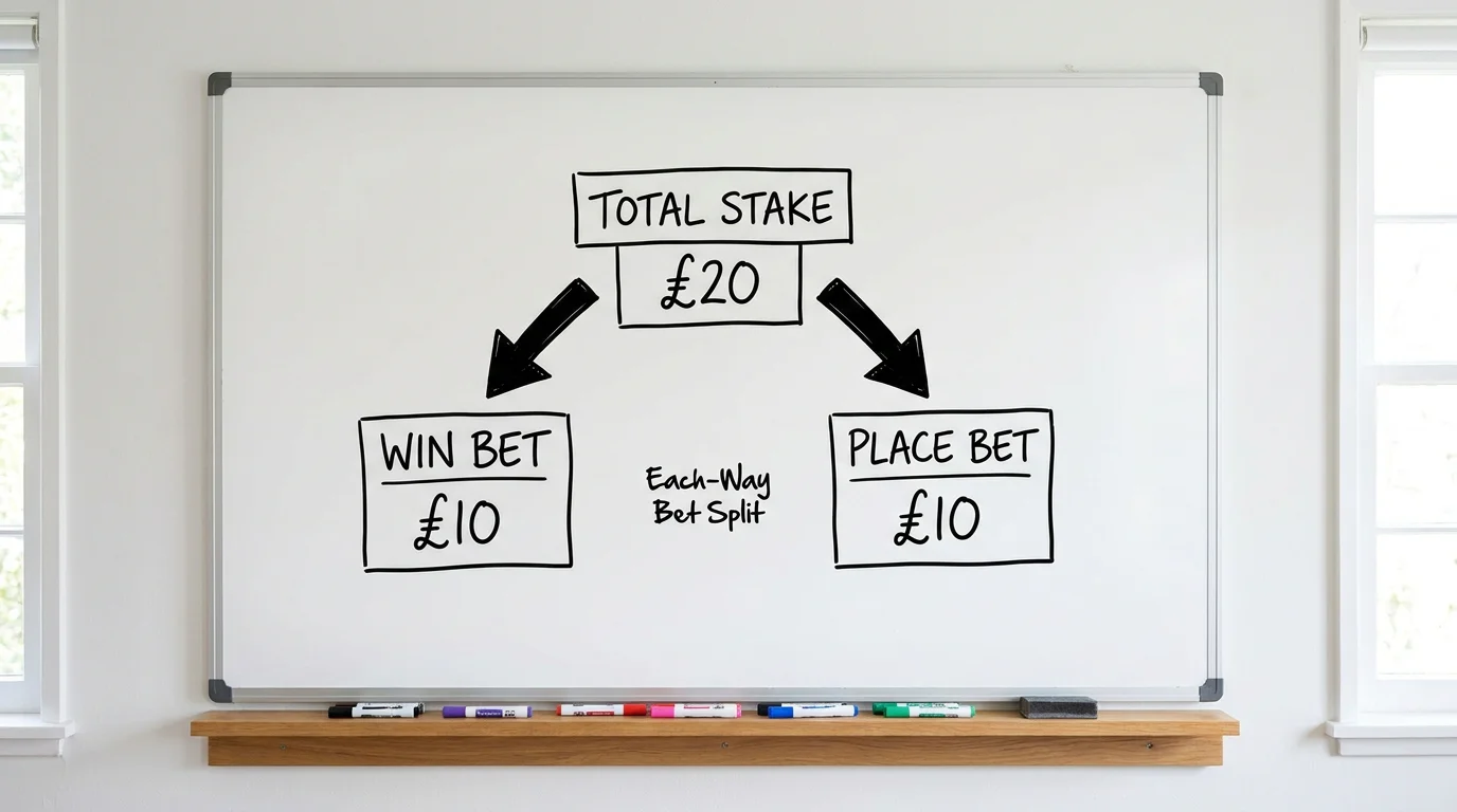 Diagram showing the two parts of an each-way bet split into win and place components