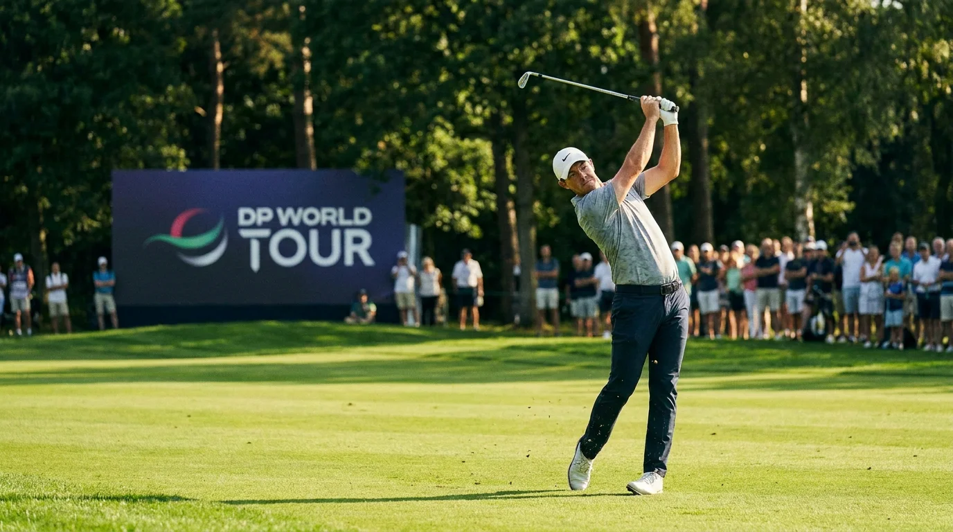 European golfer teeing off at a DP World Tour event with a European flag visible