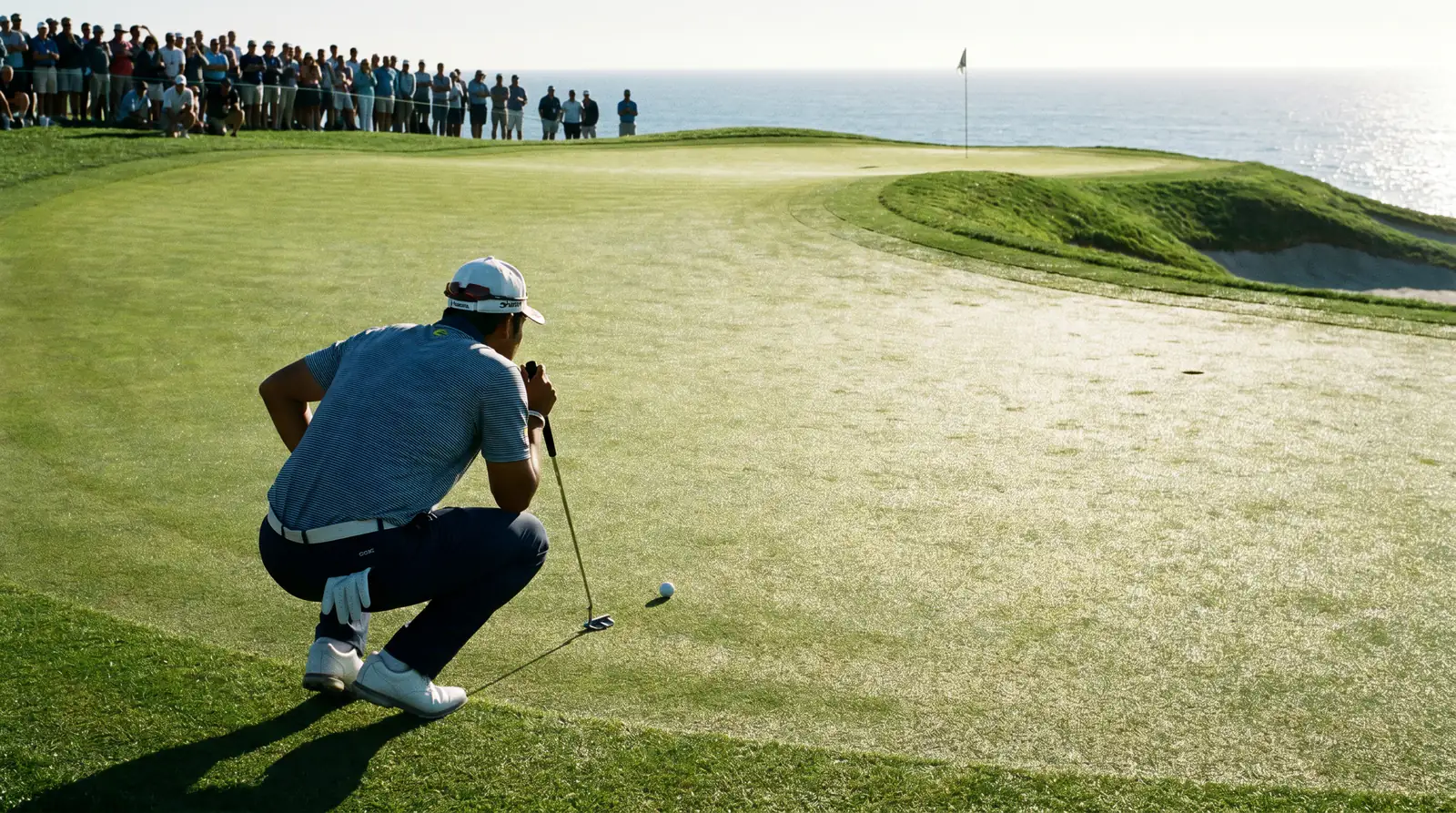 Golfer studying a severely breaking putt on fast bentgrass greens