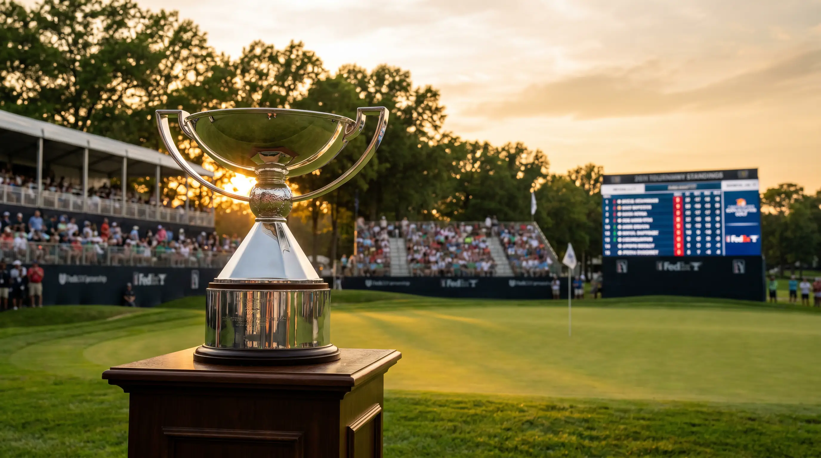 FedEx Cup trophy displayed at a PGA Tour Playoff event with dramatic stage lighting