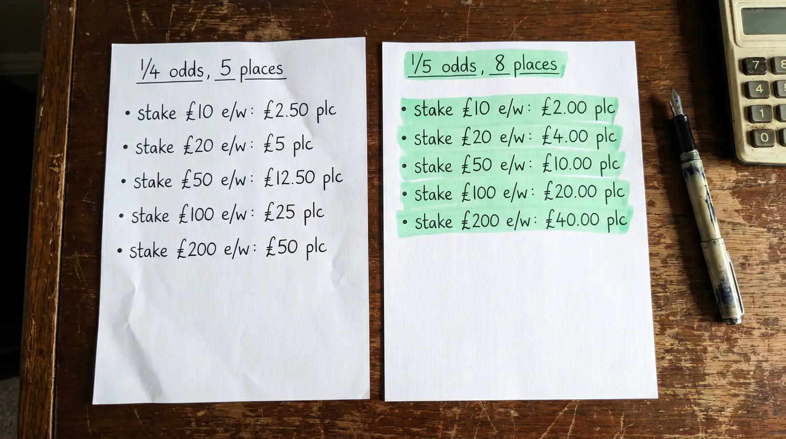 Comparison of each-way returns under 1/5 odds terms with eight places paid