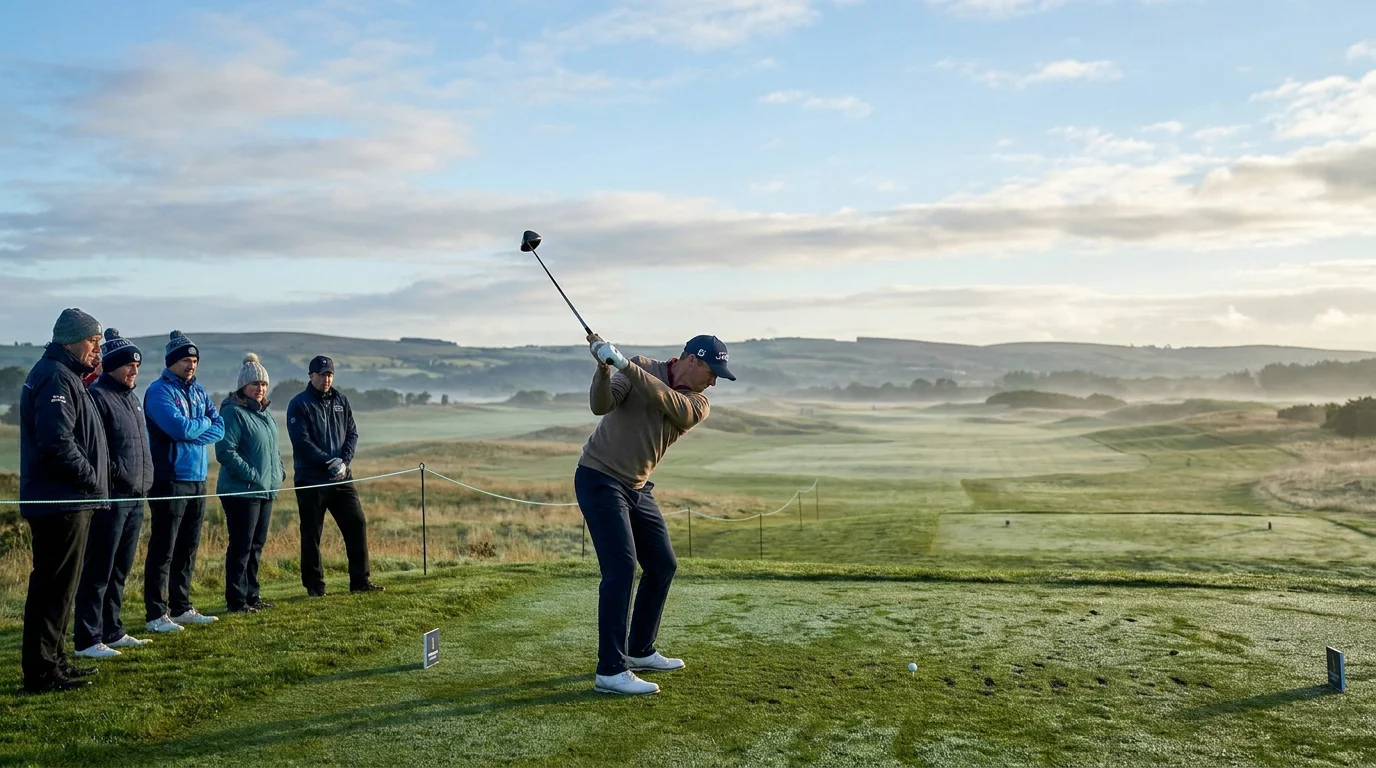 Golfer hitting a tee shot early on Thursday morning with dew still visible on the first tee box