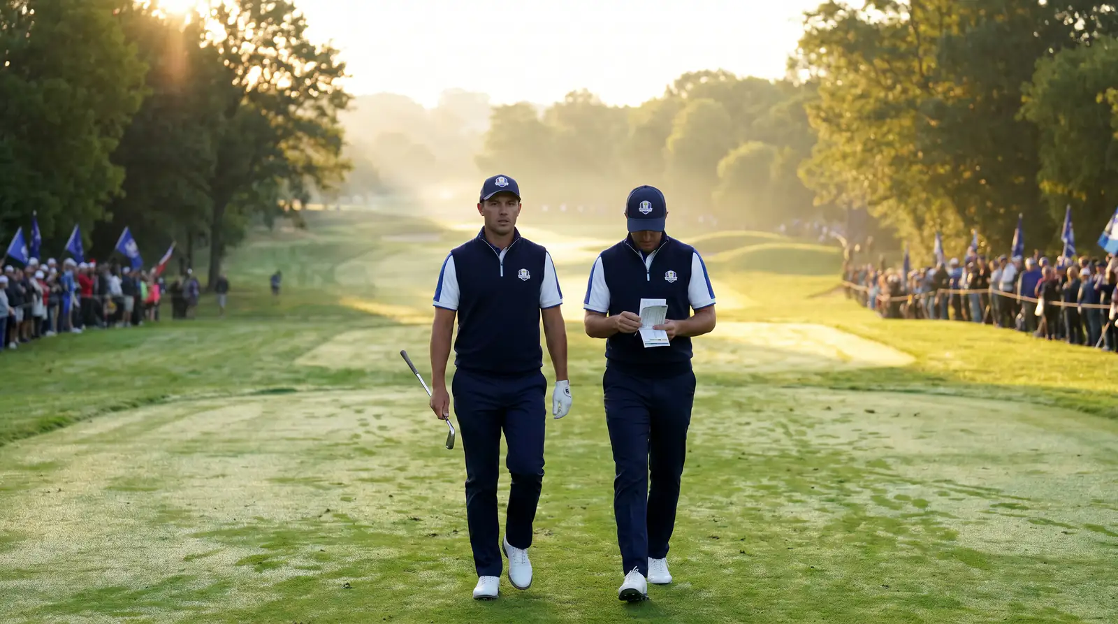 Two golfers walking together as a foursomes pair during a Ryder Cup morning session