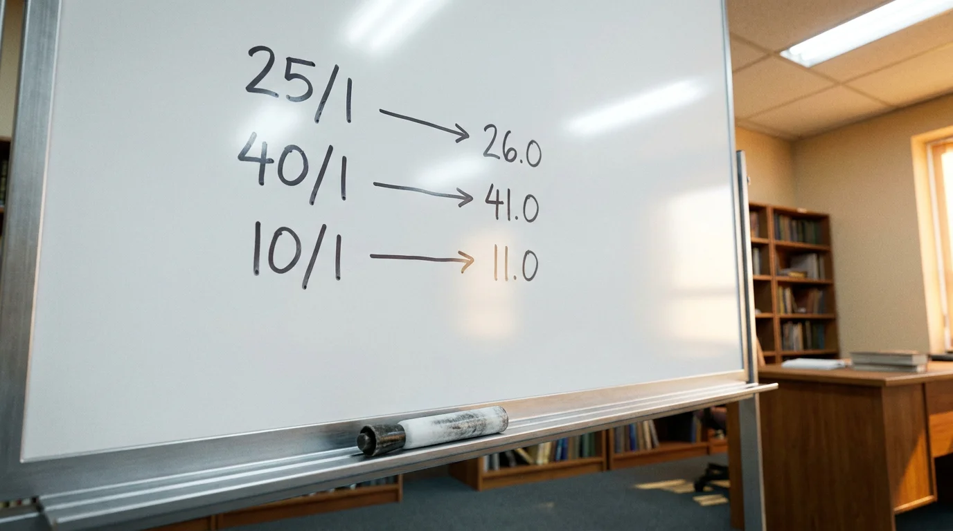 Whiteboard showing fractional and decimal odds conversion examples with golf-specific pricing