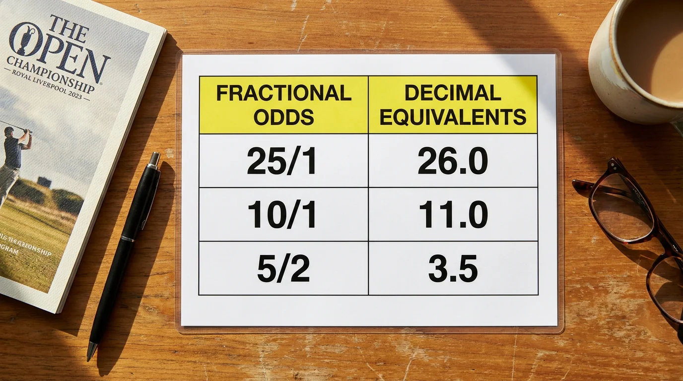 Side-by-side comparison of fractional and decimal golf betting odds formats