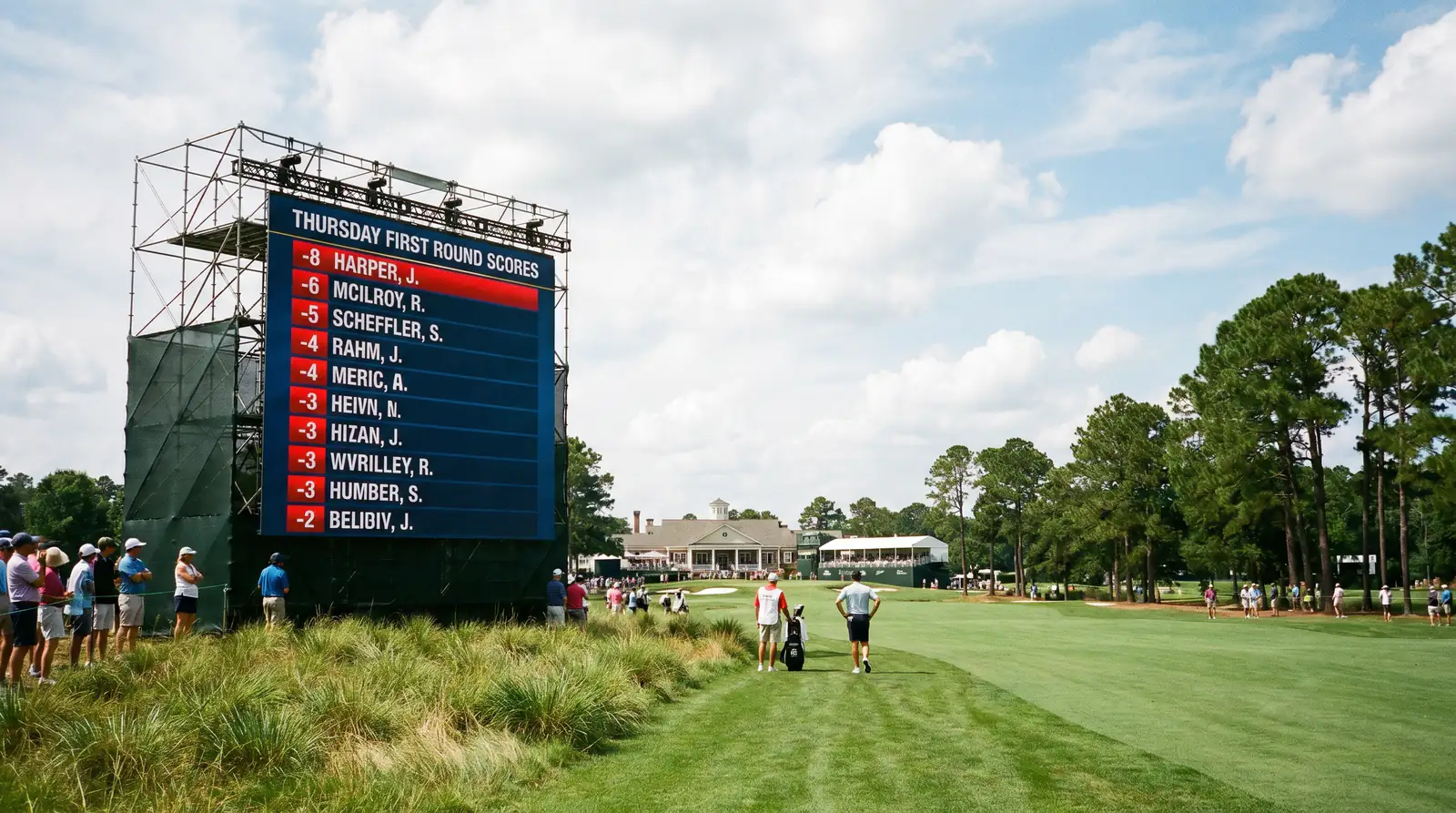 Golf scoreboard showing Thursday first round scores with a leader at the top