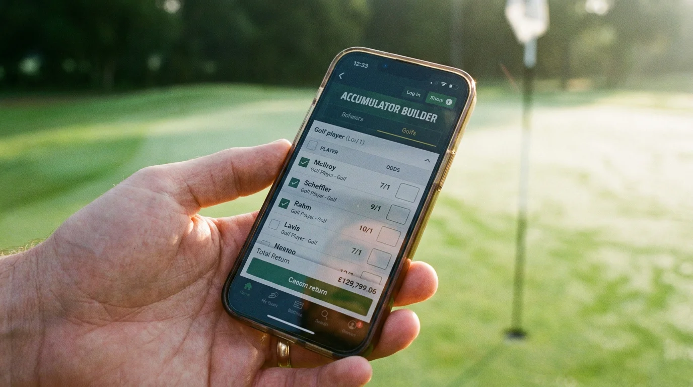 Mobile phone screen showing a golf accumulator bet slip with multiple selections