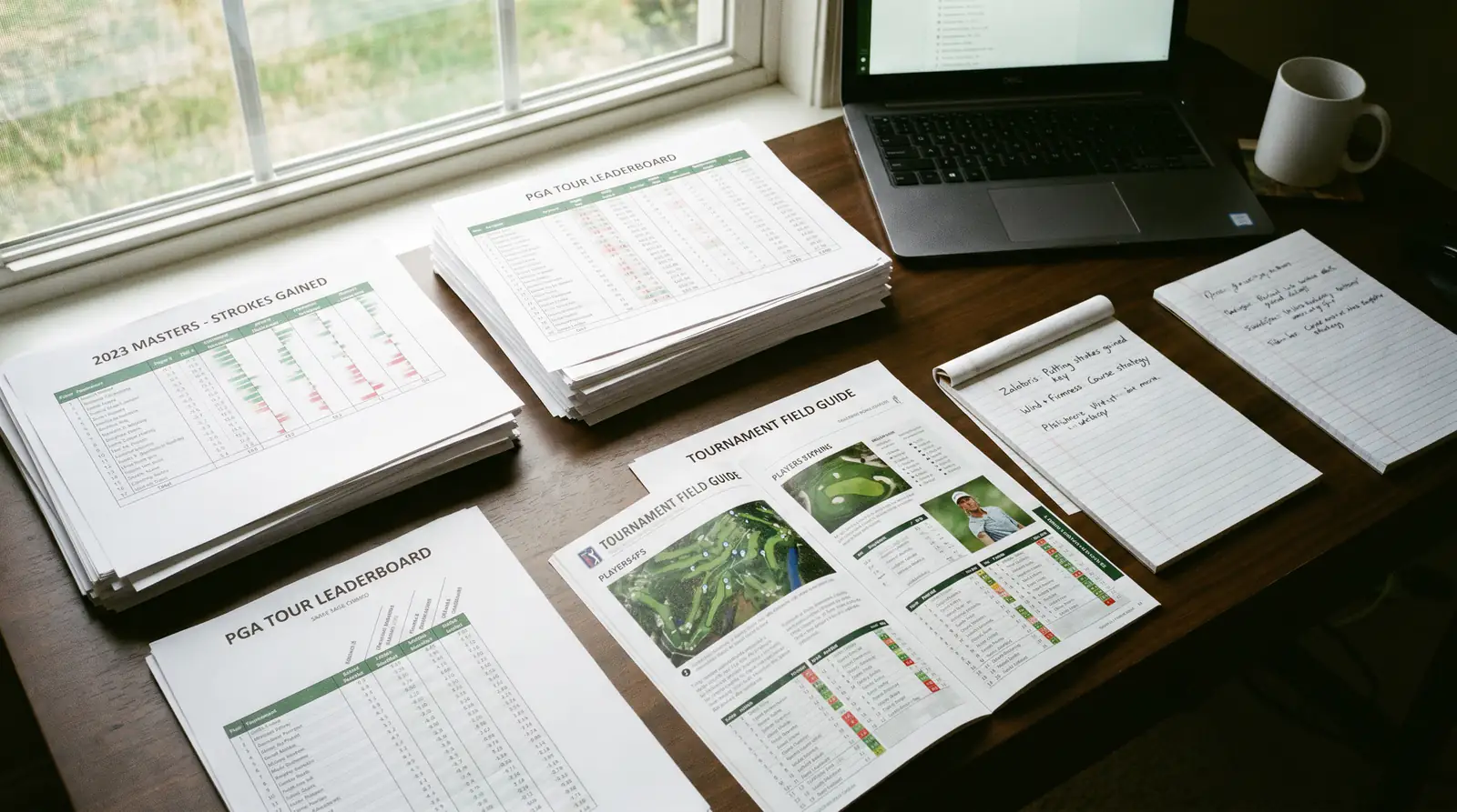 Research desk setup with golf statistics printouts and tournament guides spread across the surface