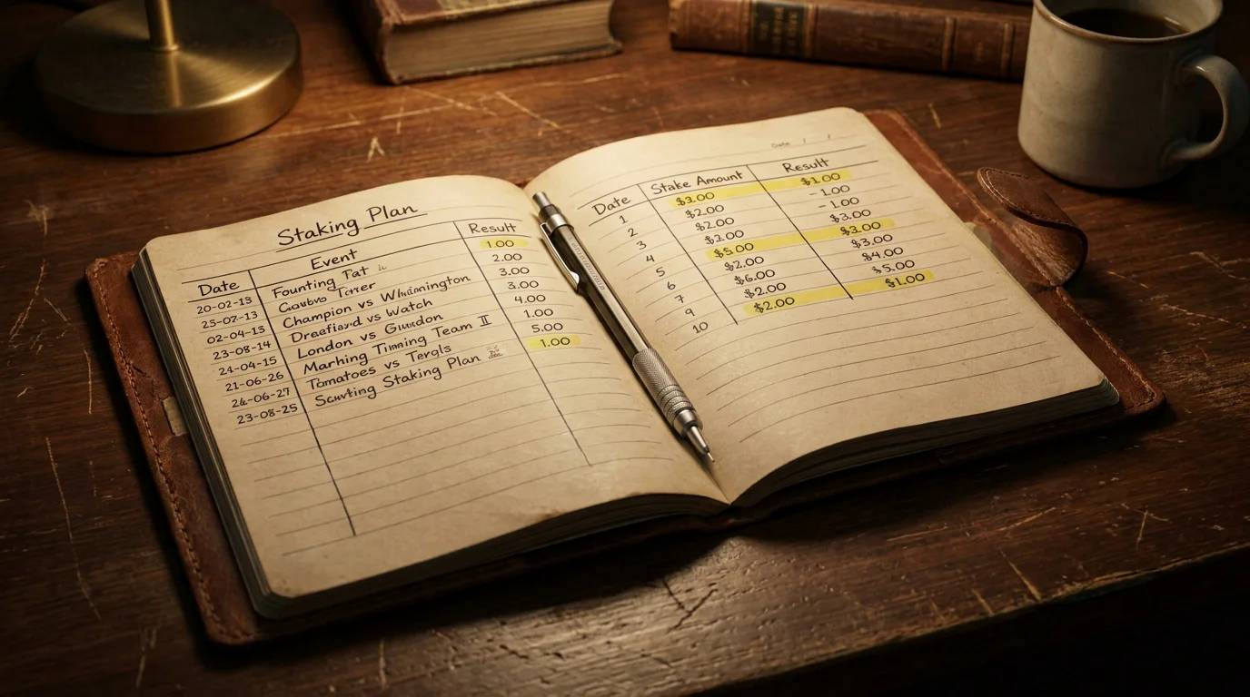 Open notebook showing a flat-staking plan with unit sizes and bankroll tracking columns
