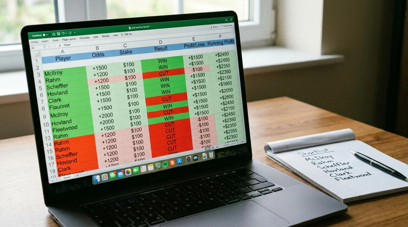 Detailed golf bet tracking spreadsheet showing selections and running profit over a season