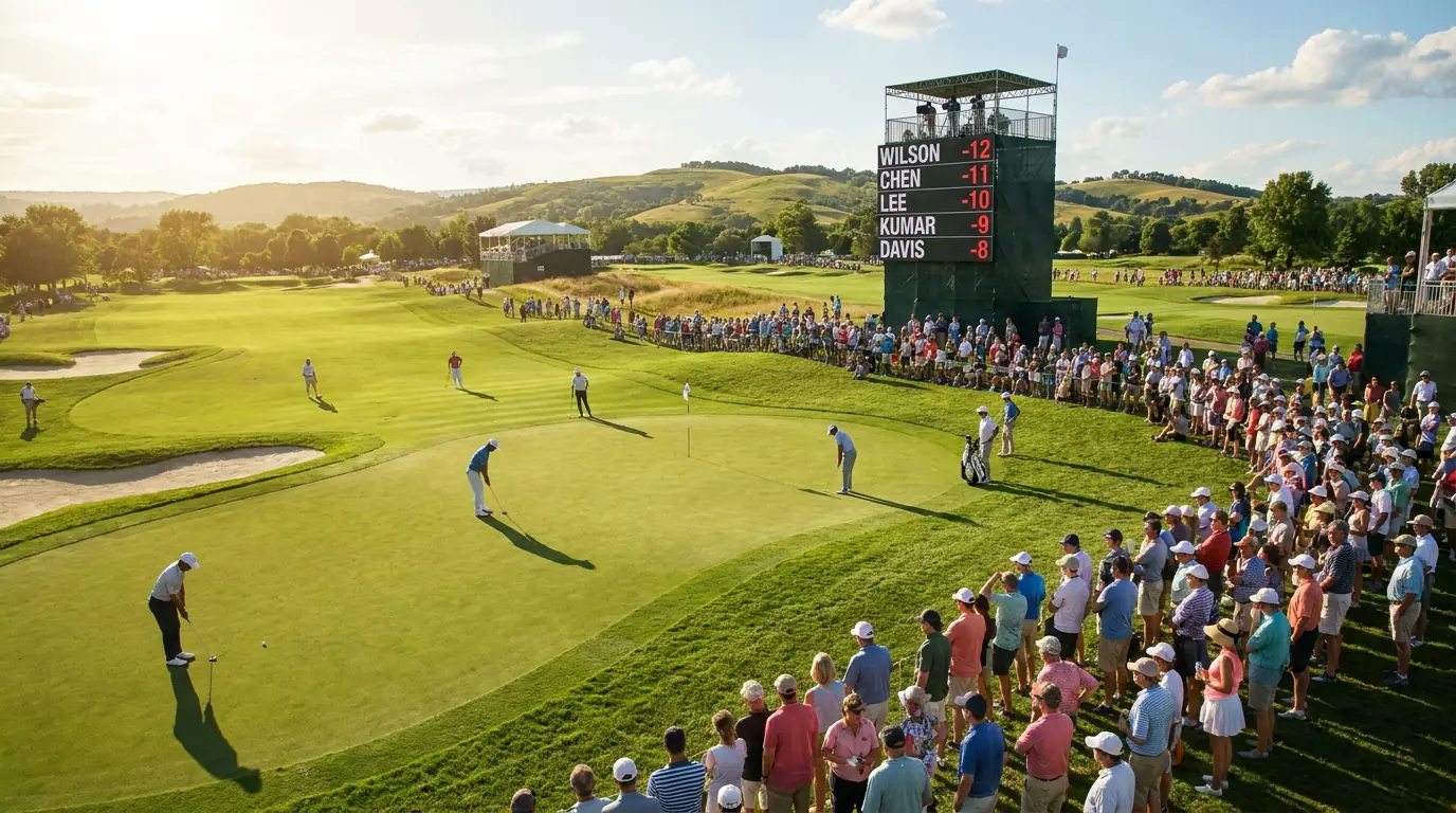 Wide-angle view of a professional golf tournament with players competing across the course and leaderboard in the background