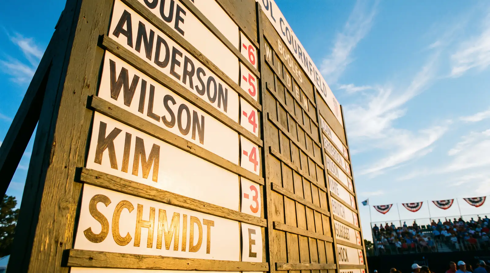 Close-up of a golf scoreboard displaying player names and scores representing odds and probabilities in golf betting