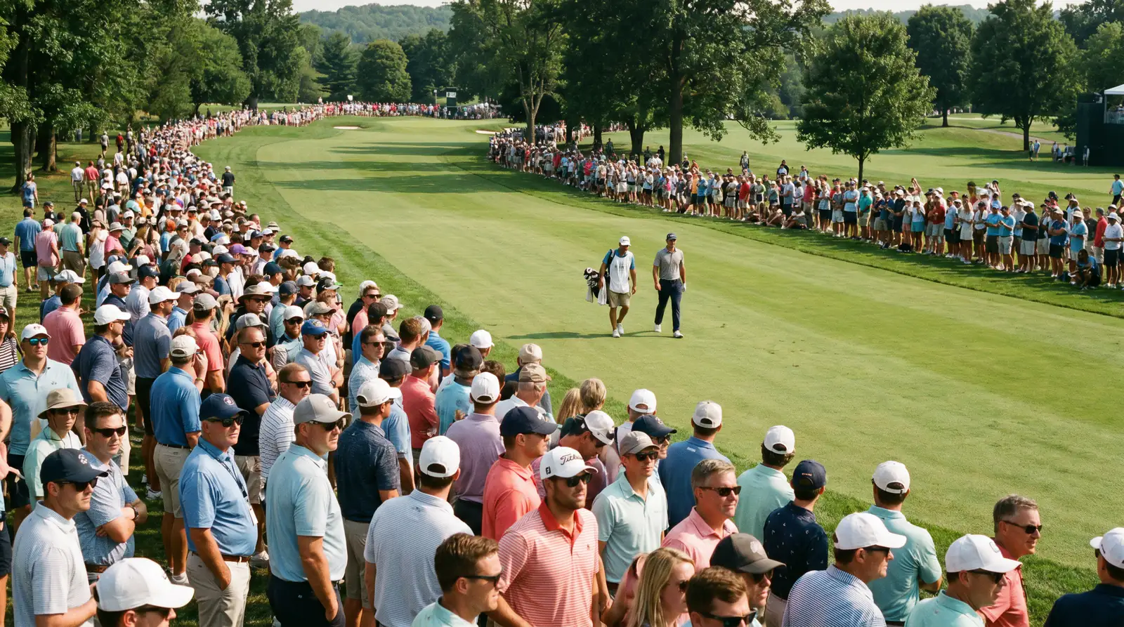 Spectators lining a PGA Tour fairway during a tournament round