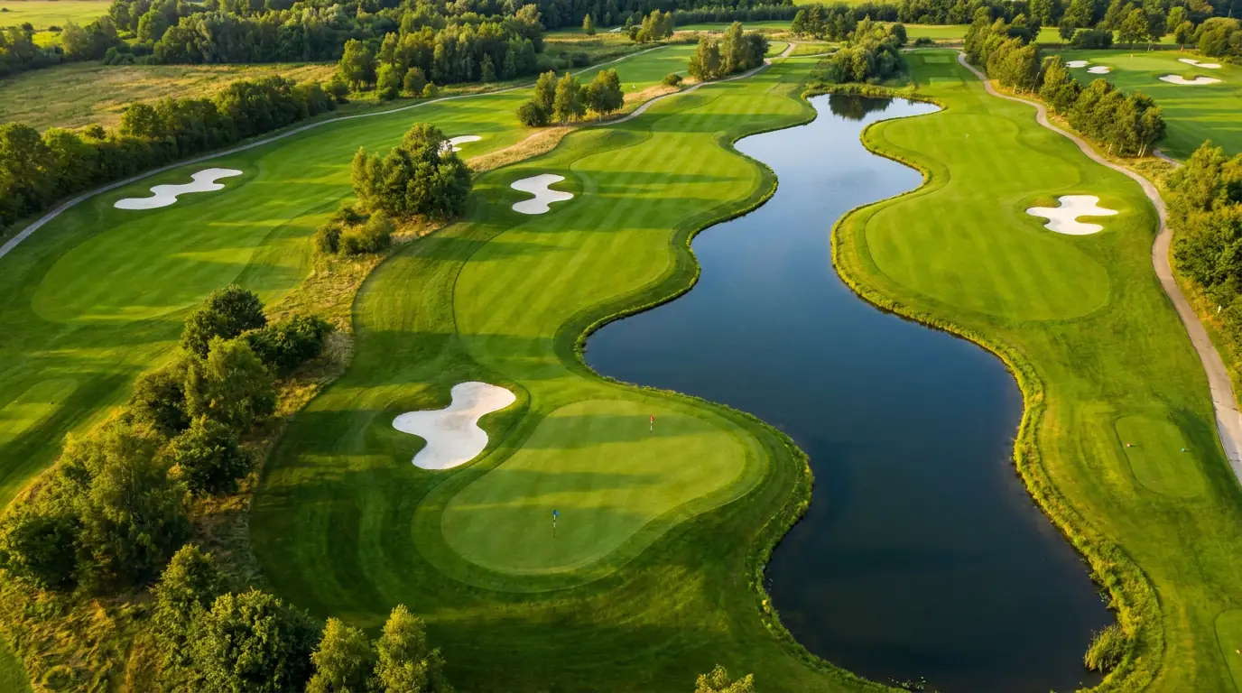 Aerial view of a championship golf course with strategic pin positions visible across multiple holes