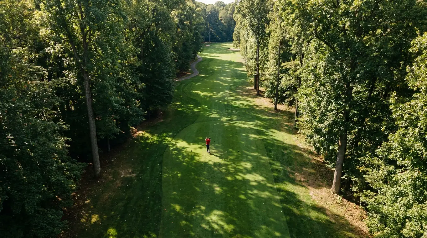 Aerial view of a narrow tree-lined golf fairway demanding accuracy