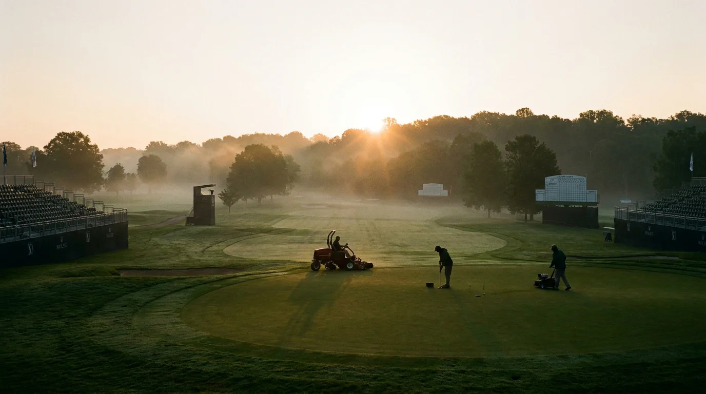 Golf course at dawn with greenskeepers preparing the venue before a tournament round