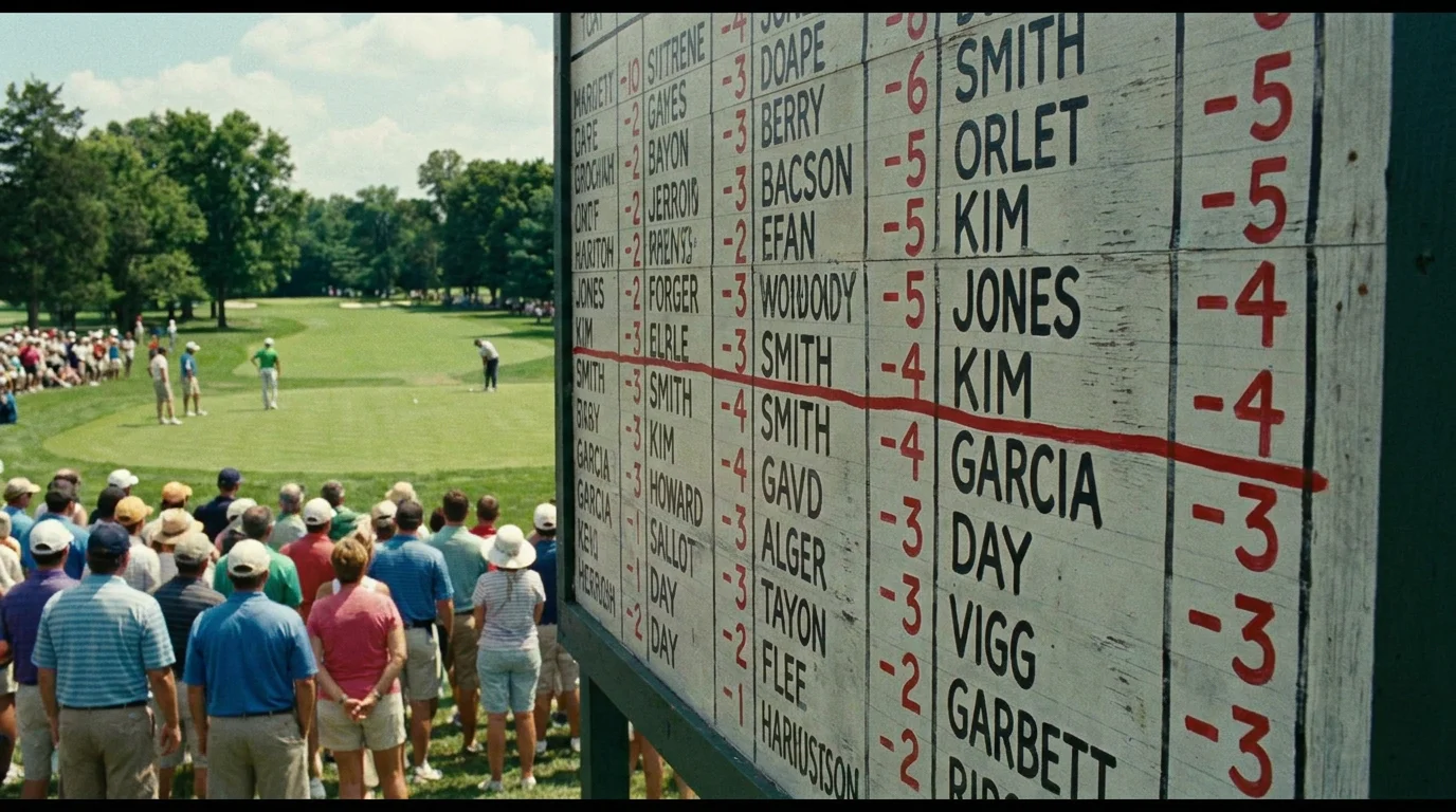 Golf scoreboard showing the projected cut line with players near the boundary