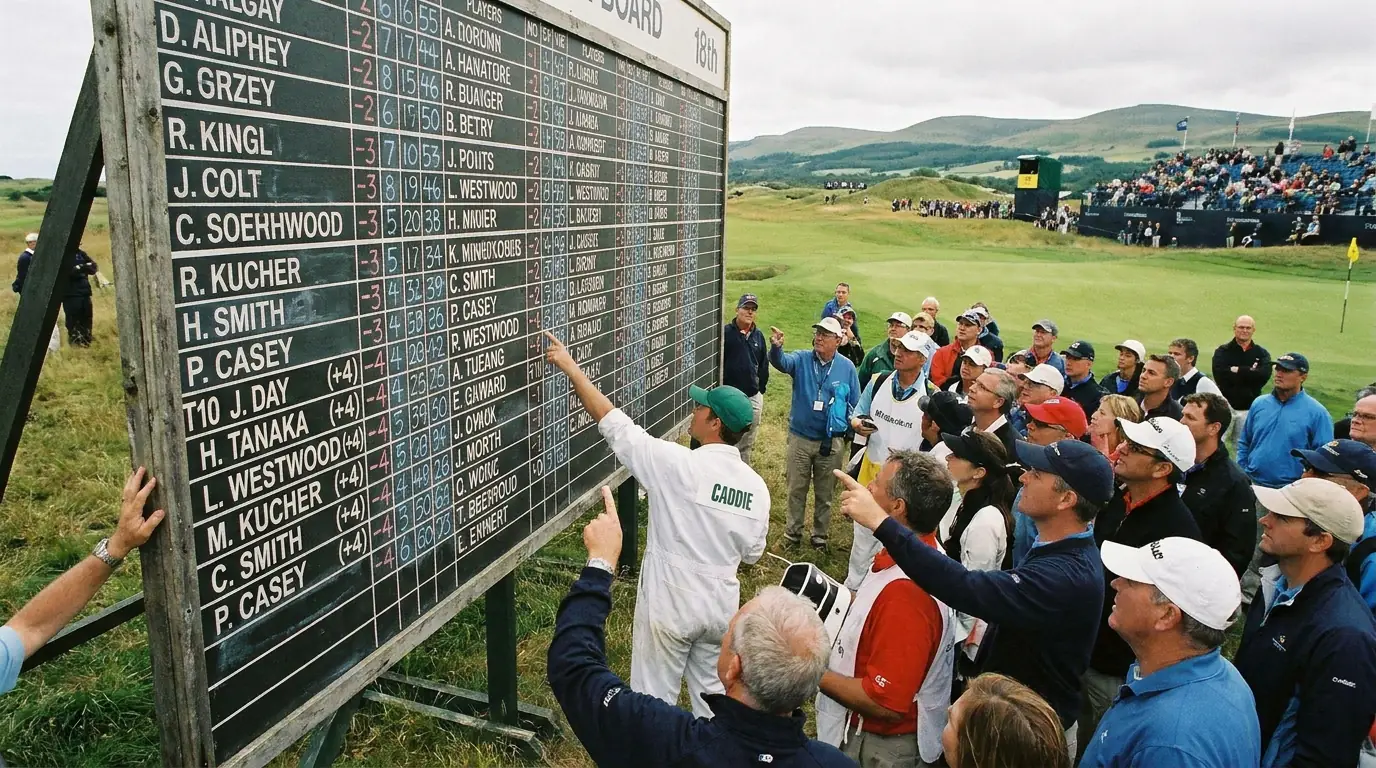 Tournament scoreboard showing multiple players tied on the same score near a key position cut-off