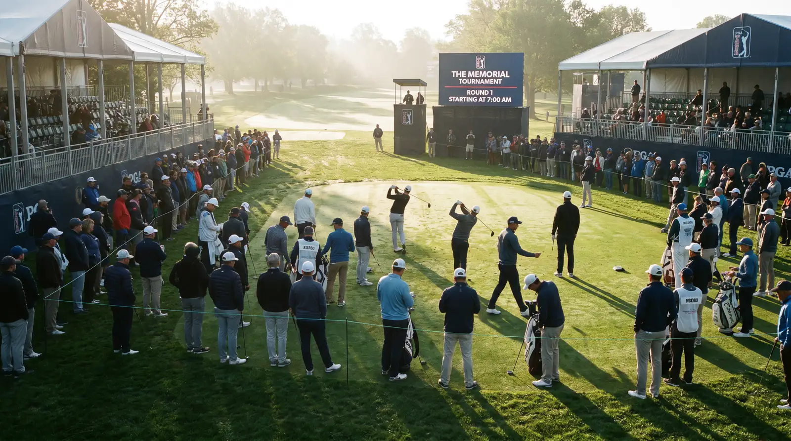 Large golf tournament field of 156 players assembling at the first tee for round one