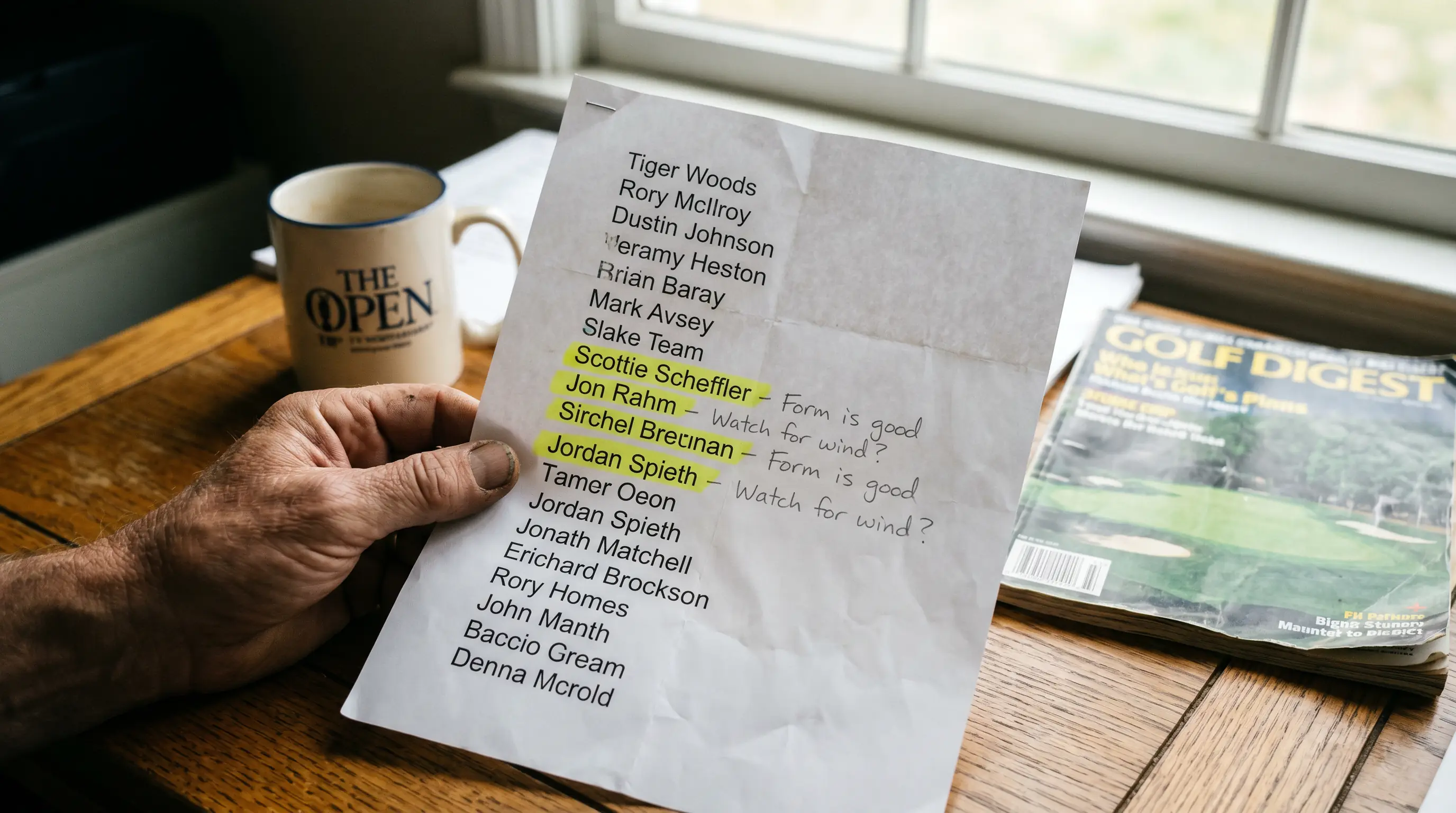 Researcher reviewing a printed player shortlist with highlighted names and handwritten notes