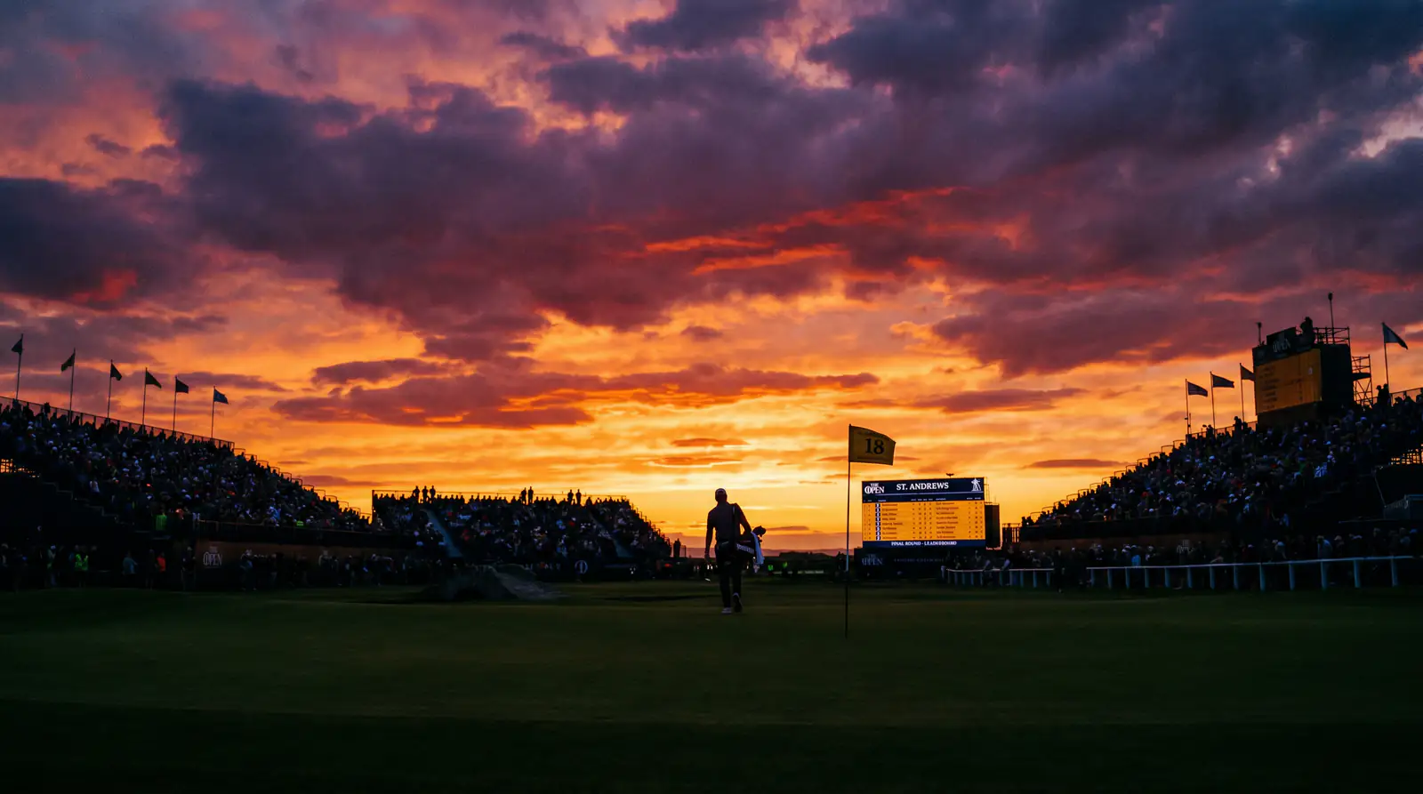 Dramatic sunset view of the 18th hole during the closing stages of a professional golf tournament
