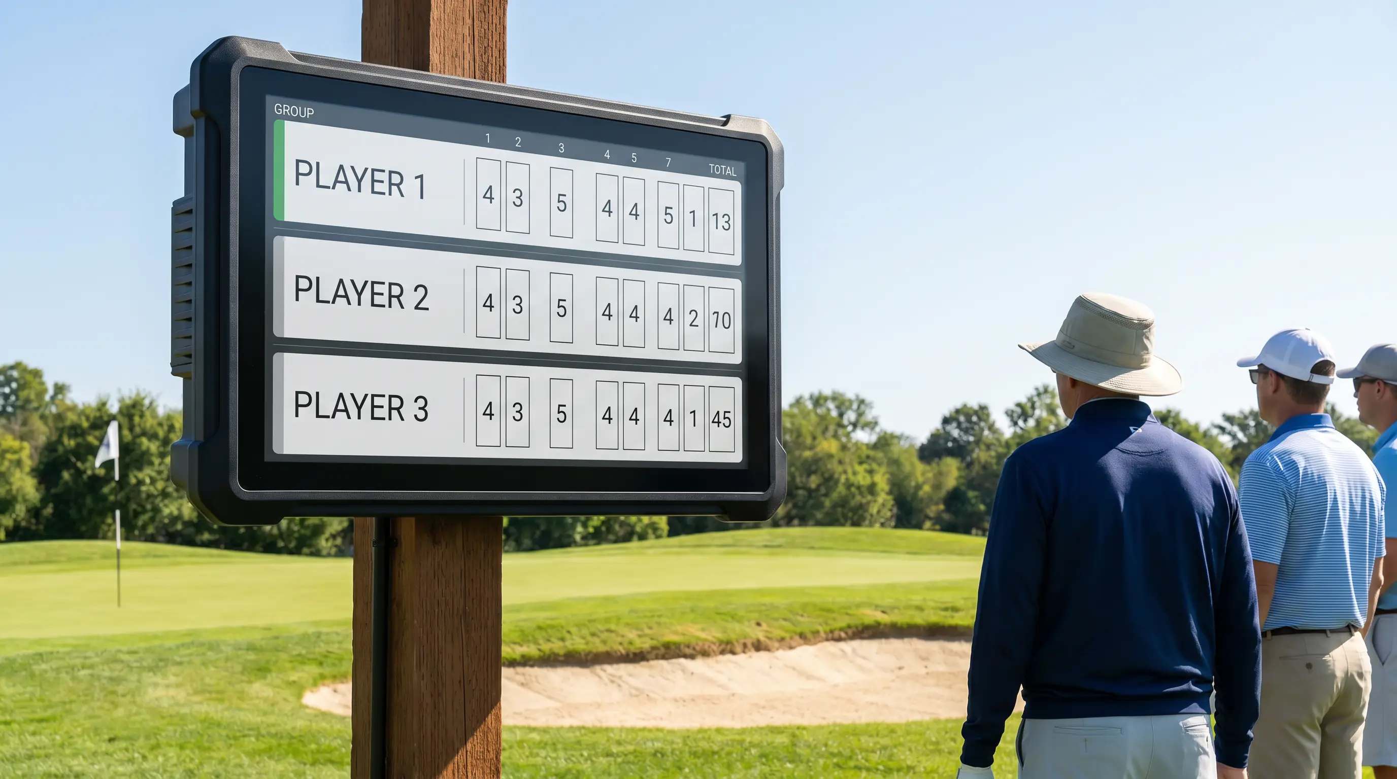 Digital display showing hole-by-hole scoring breakdown for a group of three players during a round