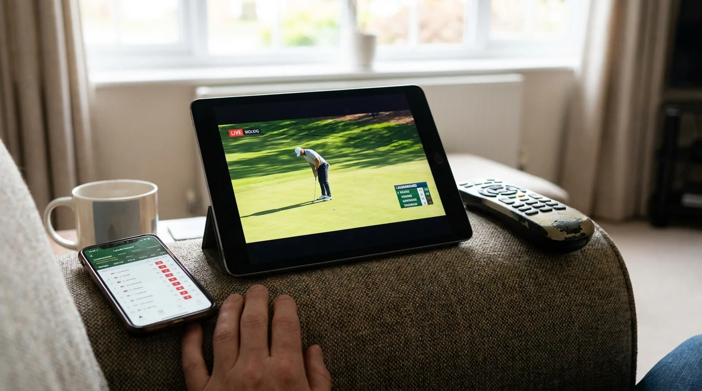Punter watching a live golf stream on a tablet with scoring app open on the phone beside it