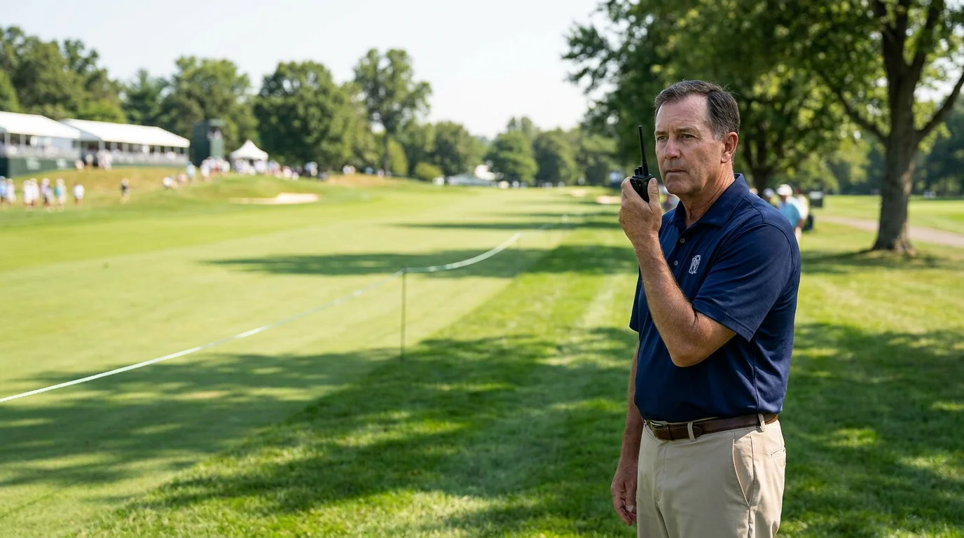 PGA Tour rules official in uniform observing play from beside a fairway during a tournament