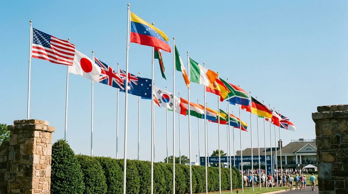 Row of national flags on display at an international professional golf tournament entrance