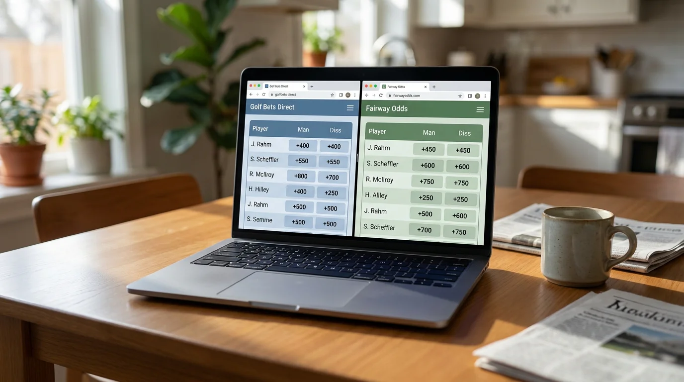 Split-screen view of a laptop showing golf odds from different bookmakers side by side