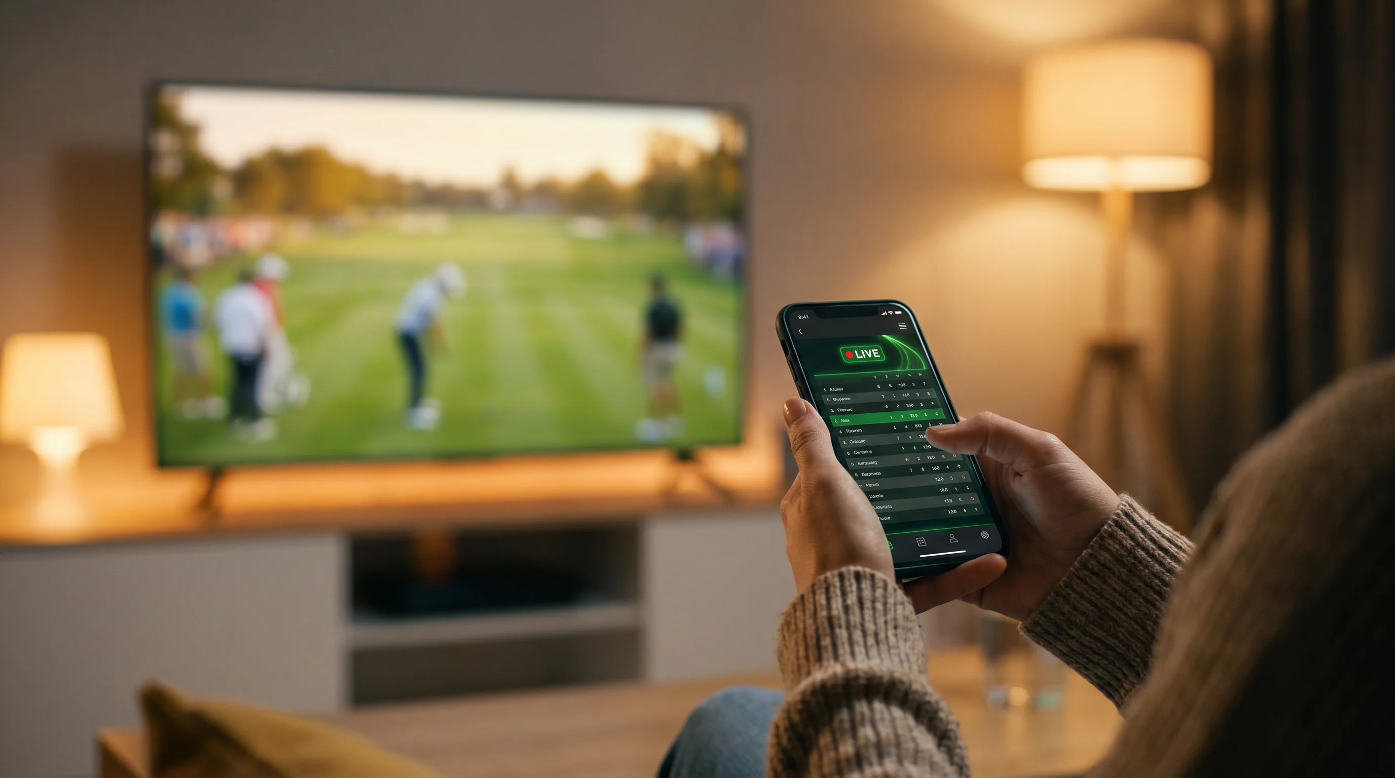 Person watching a golf tournament on a large screen while holding a smartphone displaying live odds