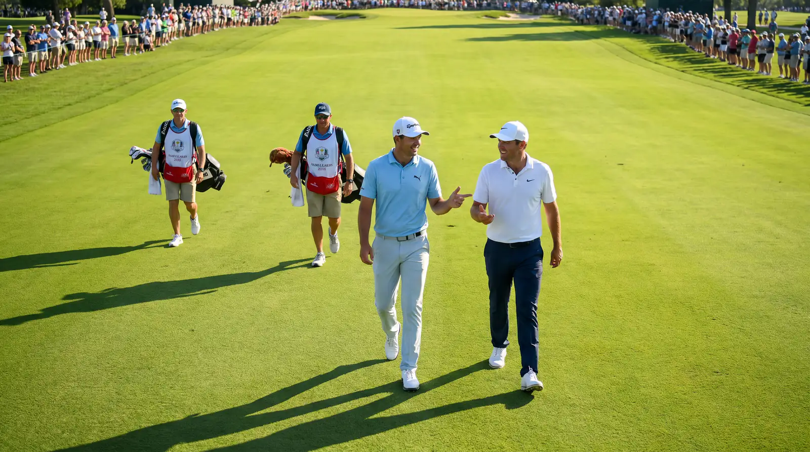Two professional golfers walking side by side down a fairway during a head-to-head matchup round