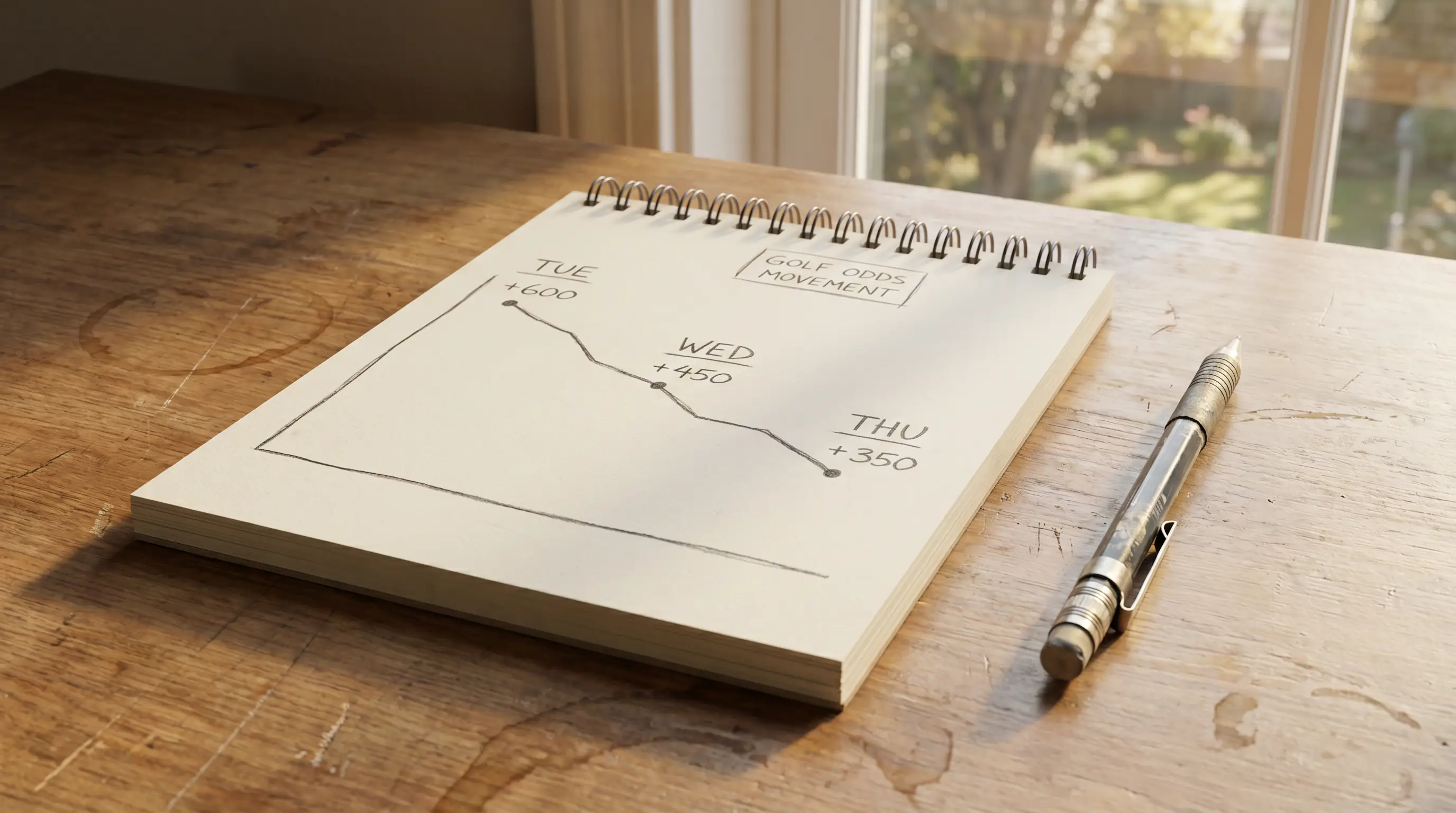 Line graph on a notepad showing how golf odds move from Tuesday to Thursday before a tournament