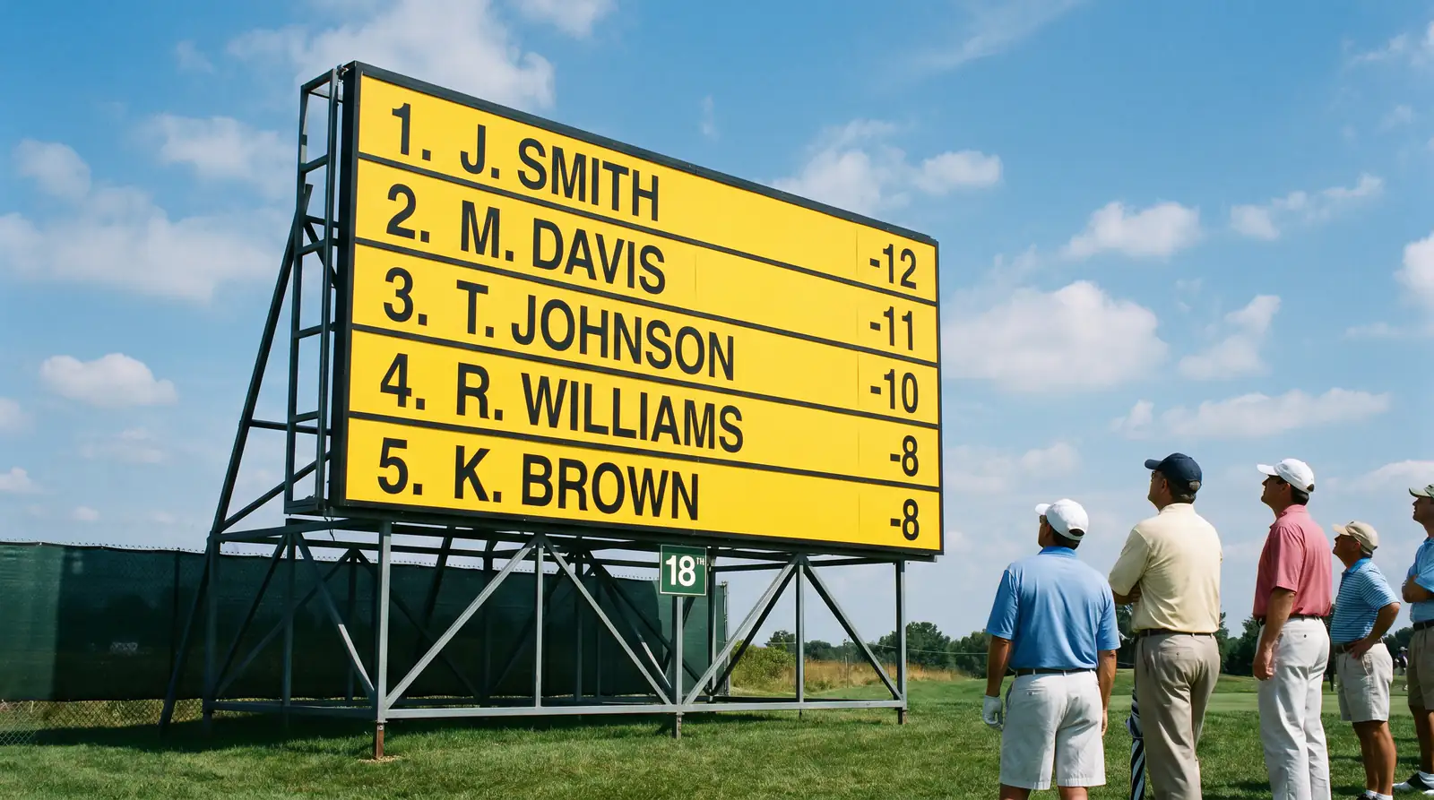 Tournament leaderboard at a professional golf event showing player names and scores