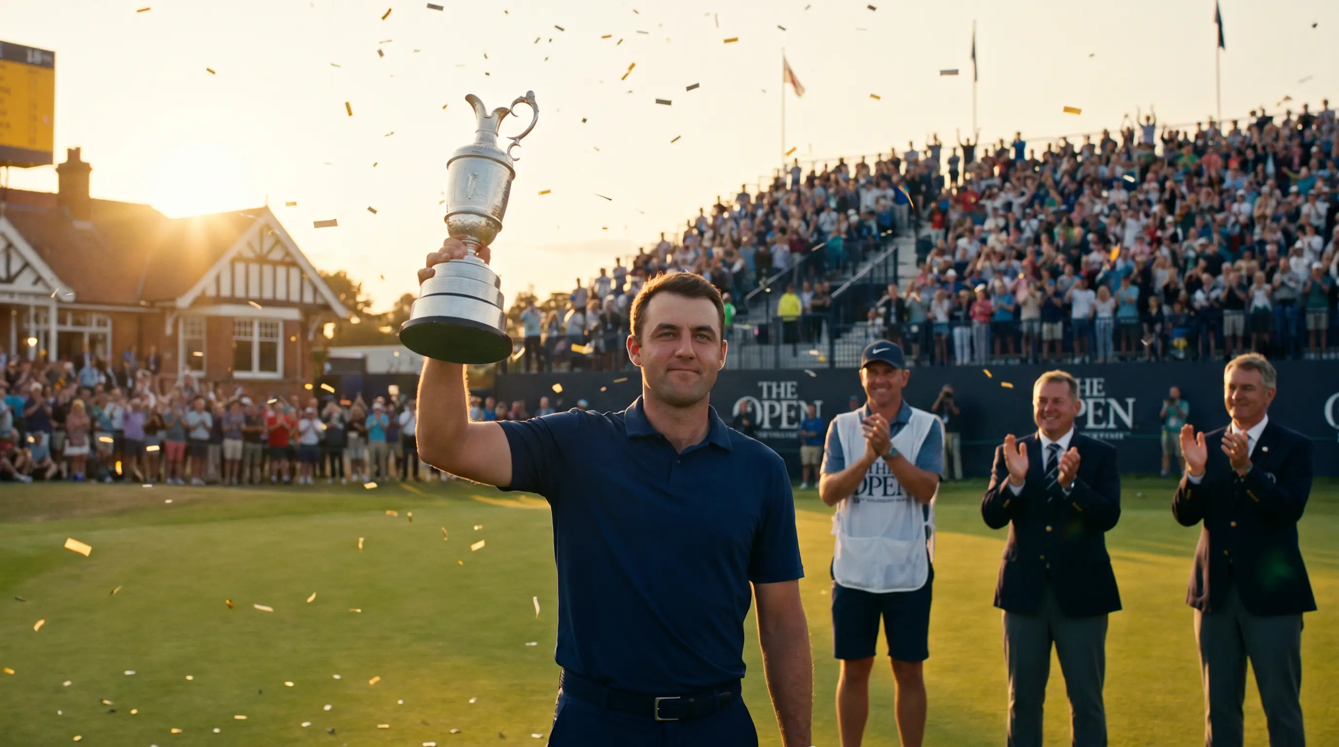 Professional golfer lifting a tournament trophy after winning an outright title on the 18th green